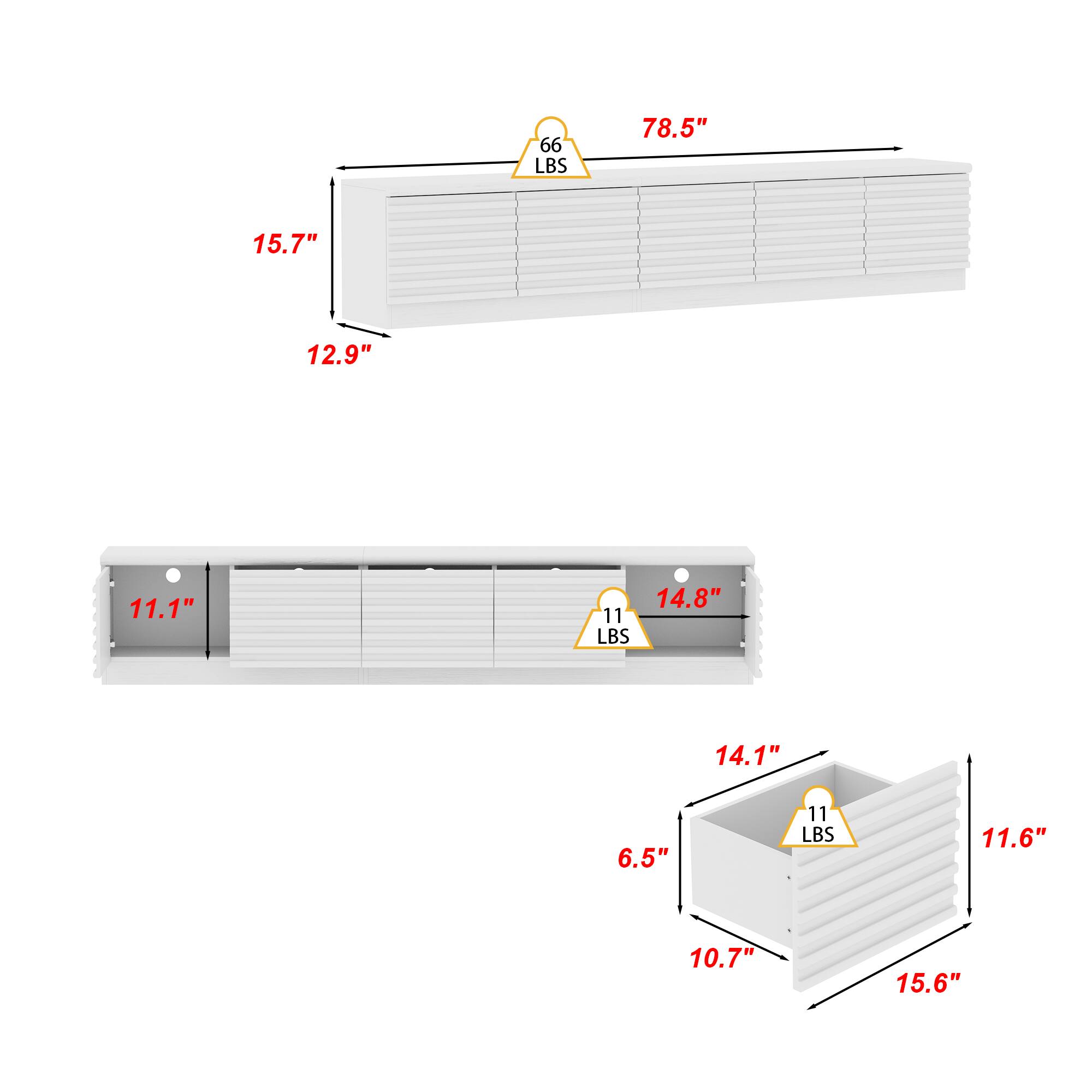 The text on the image can be grouped and corrected as follows:

1. 66 LBS 78.5" 15.7" 12.9" 11.1" 14.8"
2. 11 LBS 14.1" 6.5" 11 LBS 11.6" 10.7" 15.6"