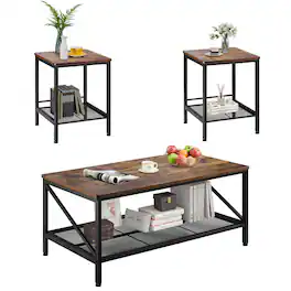 VEVOR - 3 Pieces Living Room Table Sets, 41.3 in Industrial Coffee Table with 2 Square End Side Tables - Brown,Black