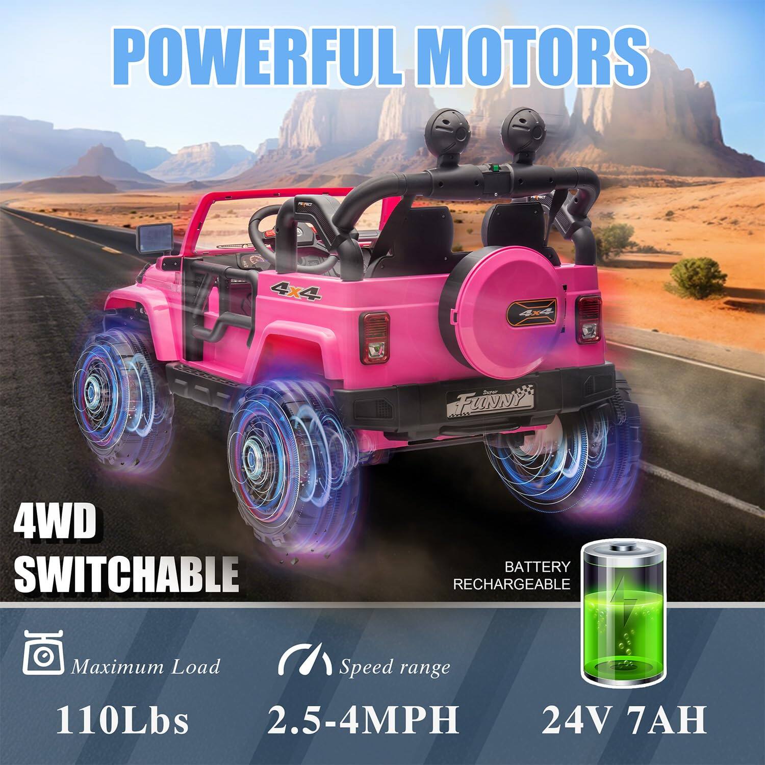 POWERFUL MOTORS

4WD SWITCHABLE

BATTERY RECHARGEABLE

Maximum Load: 110Lbs

Speed range: 2.5-4MPH

24V 7AH