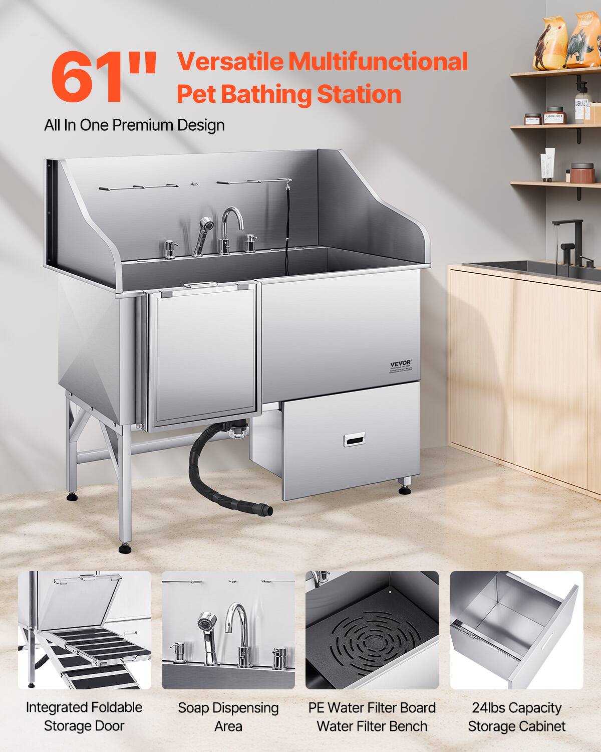 61" Versatile Multifunctional Pet Bathing Station  
All In One Premium Design  

Integrated Foldable Storage Door  
Soap Dispensing Area  
PE Water Filter Board Water Filter Bench  
24lbs Capacity Storage Cabinet