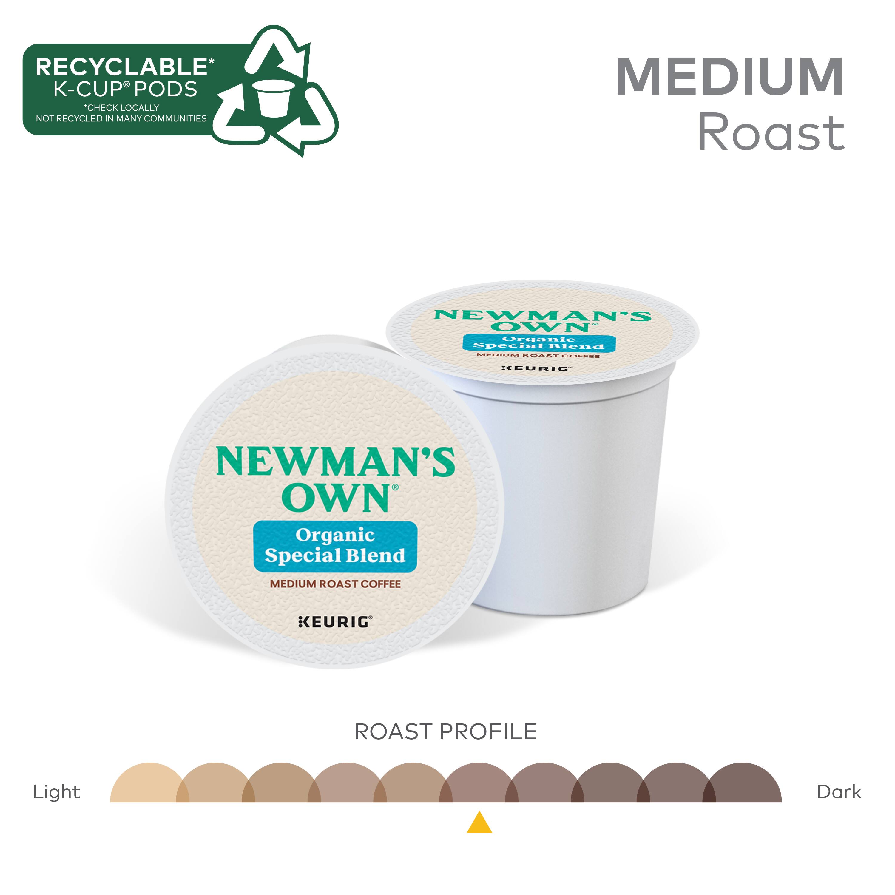 RECYCLABLE* K-CUP PODS CHECK LOCALLY NOT RECYCLED IN MANY COMMUNITIES MEDIUM Roast NEWMAN'S OWN Organic Special Blend MEDIUM ROAST COFFEE KEURIG NEWMAN'S OWN Organic Special Blend MEDIUM ROAST COFFEE KEURIG ROAST PROFILE Light Dark