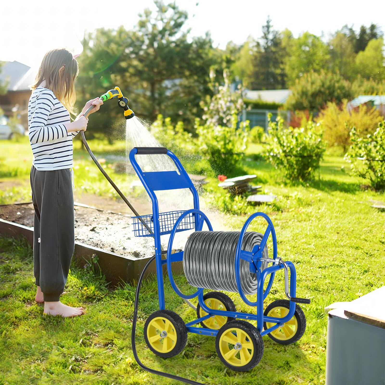 Alt View 3. Gymax - Gymax Garden Hose Reel Cart 300 FT of 5/8'' Large Capacity Heavy-Duty Metal Hose Cart Blue - Blue.