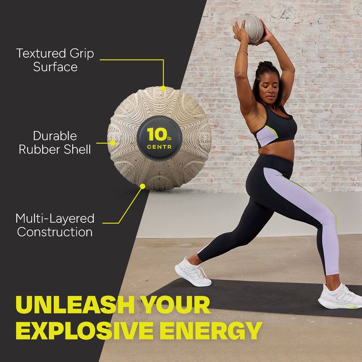 The text on the image is grouped and corrected as follows:
"Textured Grip Surface Durable Rubber Shell 10% CENTR Multi-Layered Construction UNLEASH YOUR EXPLOSIVE ENERGY"