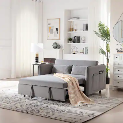 Front. Tiramisubest - 3 in 1 Convertible Sleeper Futon Sofa Bed,55" Velvet Loveseat with 2 Pillows,Reclining Backrest & Side Pockets,Gray - Grey.