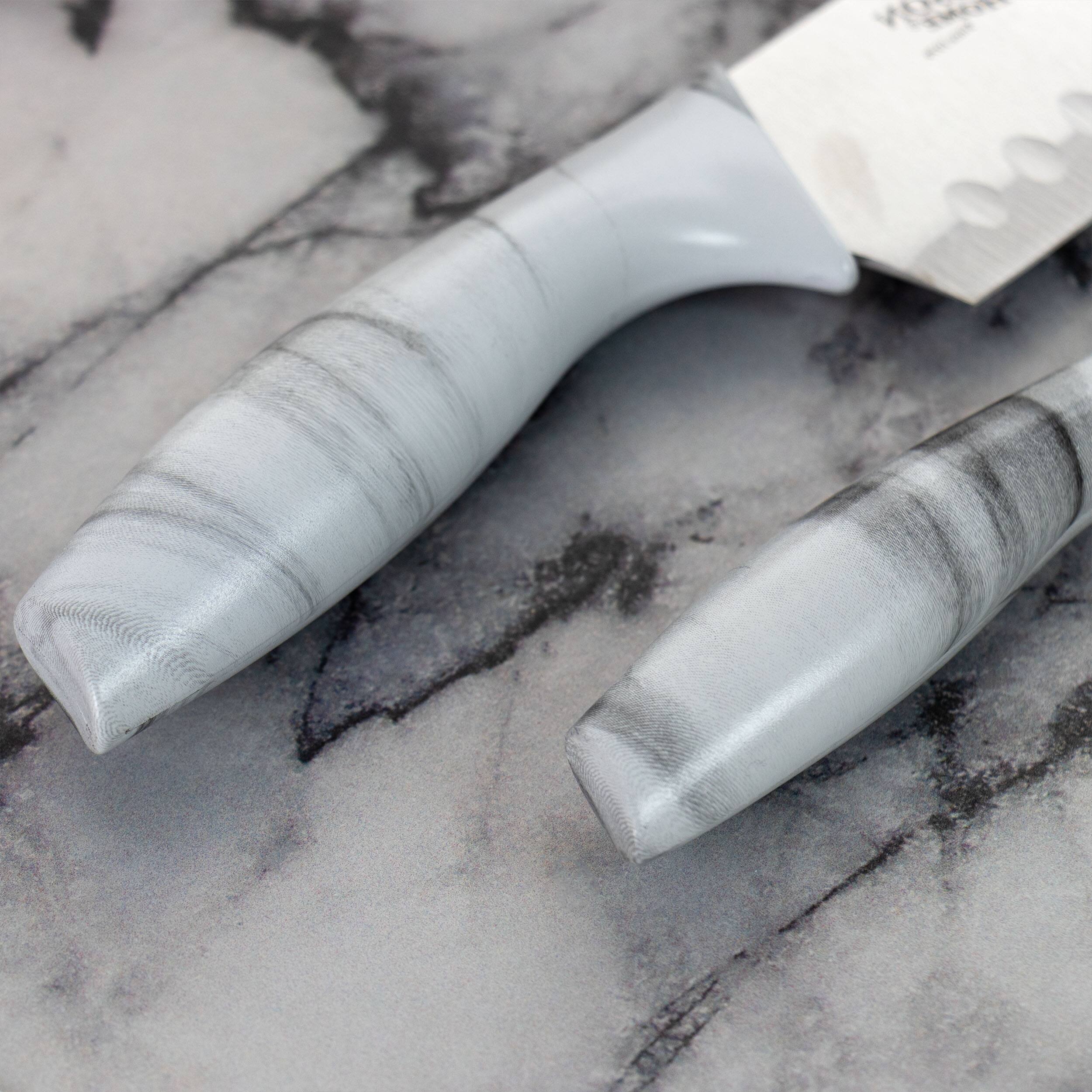 Alt View 5. Gibson - Gibson Home Beaumont 3 Piece Stainless Steel Santoku Knife Set with Cutting Board in White Marble - White Marble.