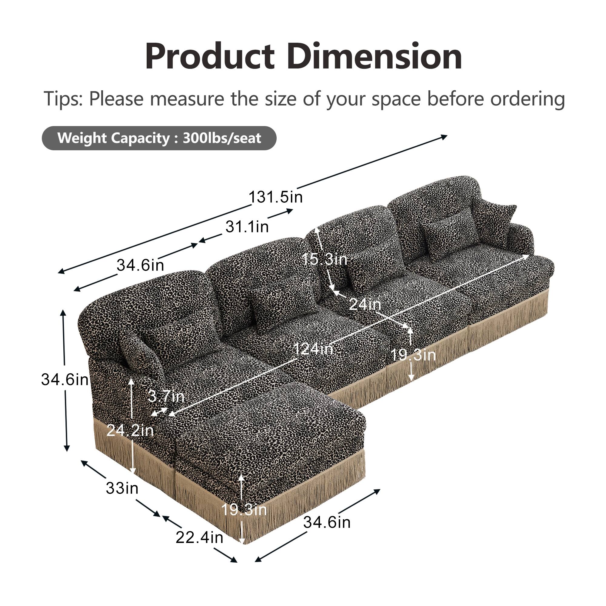 Product Dimension  
Tips: Please measure the size of your space before ordering  
Weight Capacity: 300lbs/seat  

131.5in  
31.1in  
34.6in  
15.3in  
24in  
34.6in  
3.7in  
124in  
19.3in  
24.2in  
33in  
19.3in  
22.4in  
34.6in