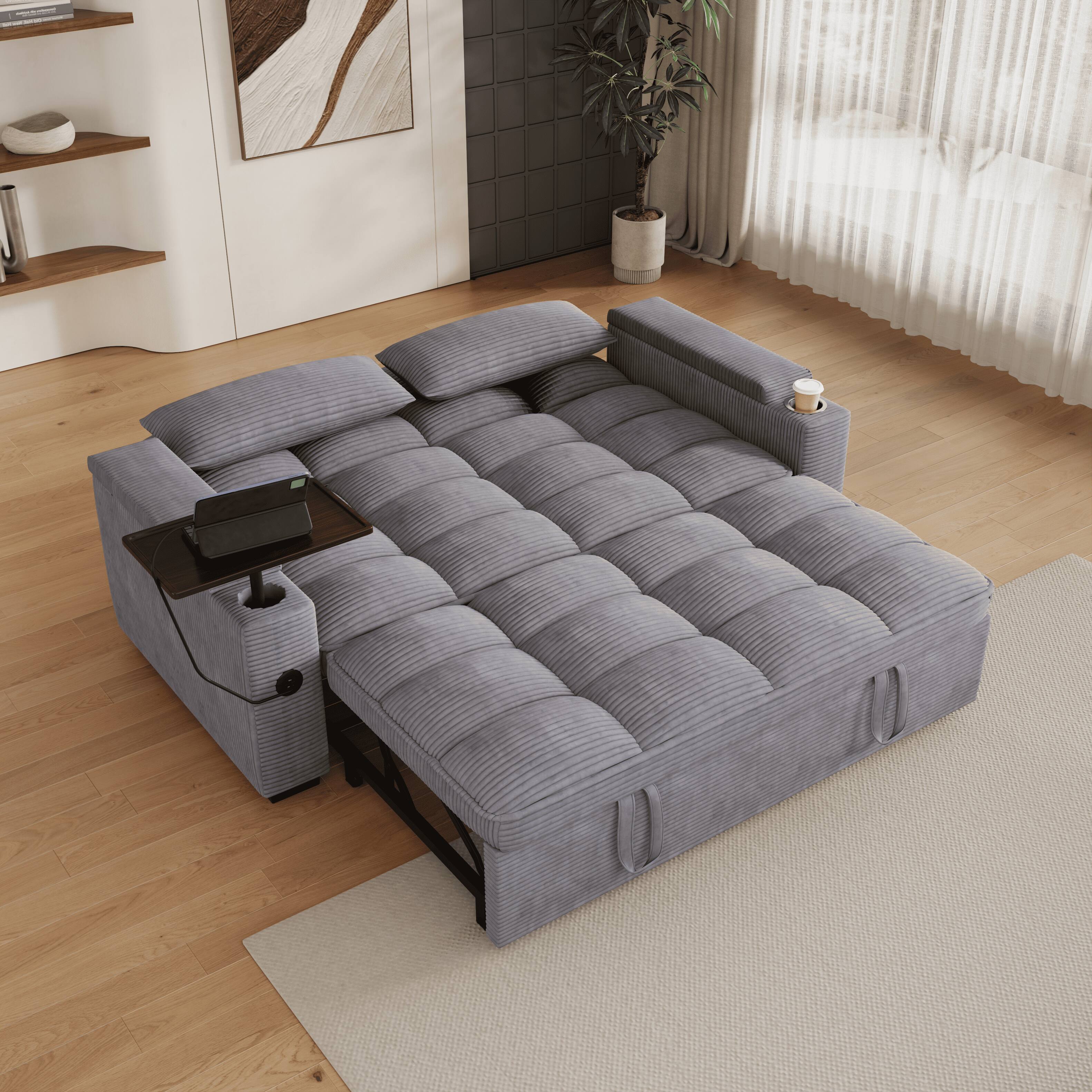 Angle. Anysun - 65" 3-in-1 Corduroy Convertible Sofa Bed - Pullout Design with 360° Swivel Table, Easy Assembly for Living Room - Gray.