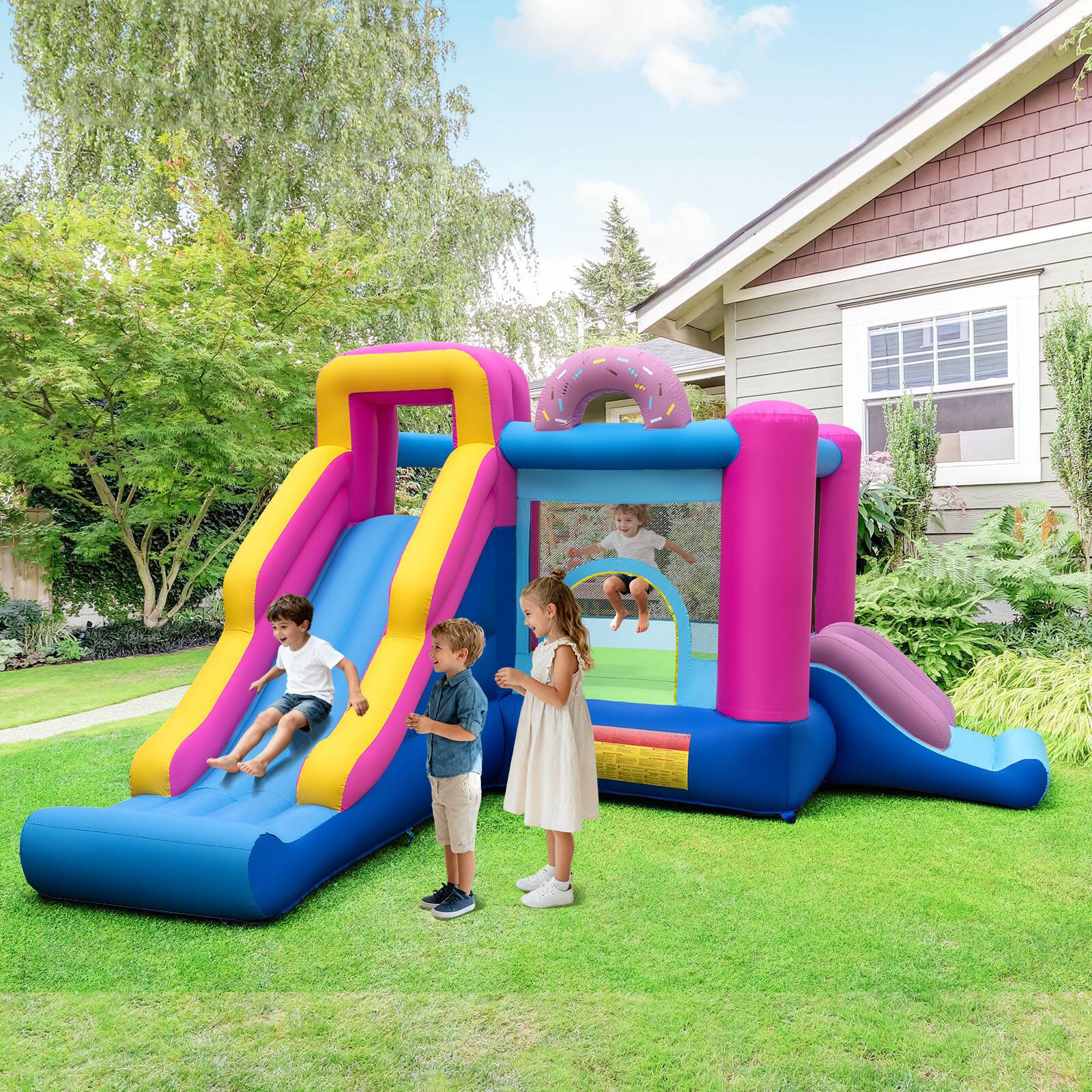 Alt View 1. Gymax - Gymax Inflatable Bounce House w/Slides Jumping Area Climbing Wall 735W Blower for Yard - Multicolor.