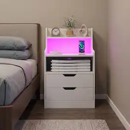 WELLFOR - LED Nightstand with Charging Station for Bedroom & Living Room - White