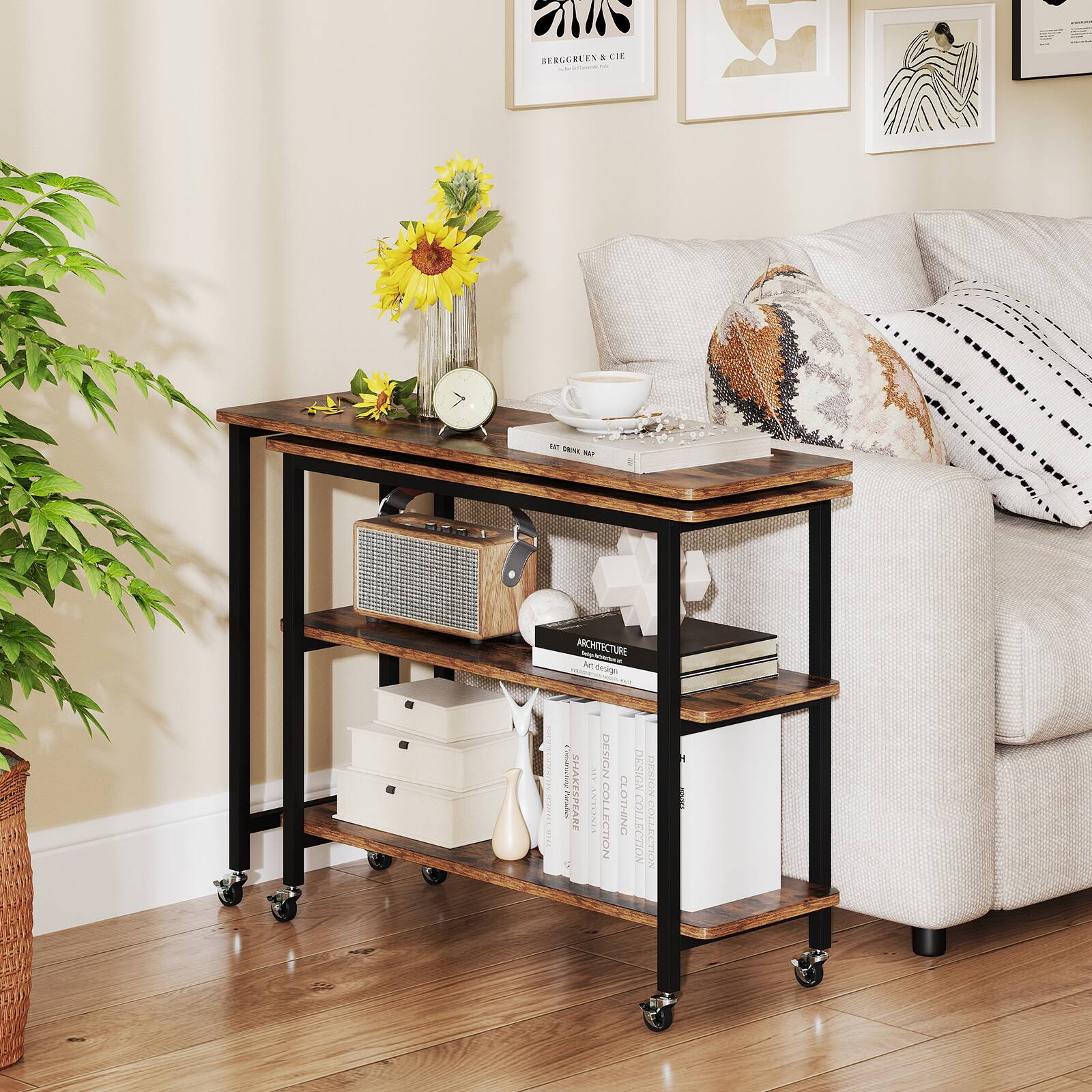 Sure, here is the corrected and grouped text from the image:

**Top Shelf:**
- "BERGERGREEN & CIE"
- "LUXE DESIGN MAP"

**Middle Shelf:**
- "ARCHITECTURE"
- "Art & Design"

**Bottom Shelf:**
- "DESIGN COLLECTION"
- "DESIGN COLLECTION"
- "DESIGN COLLECTION"
- "DESIGN COLLECTION"

**Books on the Table:**
- "DESIGN COLLECTION"
- "DESIGN COLLECTION"

**Additional Text:**
- "SHAKESPEARE" (on the clock)

This text appears on the books and items in the image.