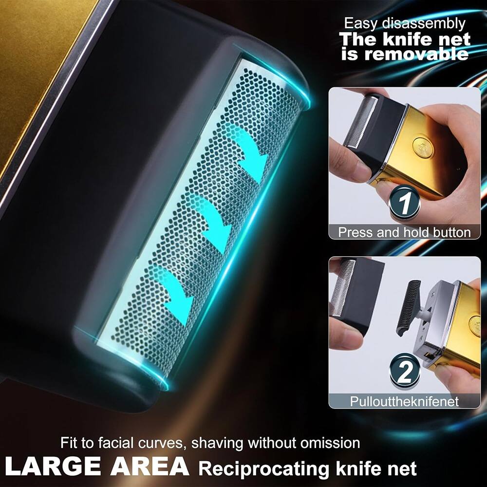 Easy disassembly  
The knife net is removable  

1. Press and hold button  
2. Pull out the knife net  

Fit to facial curves, shaving without omission  
LARGE AREA Reciprocating knife net
