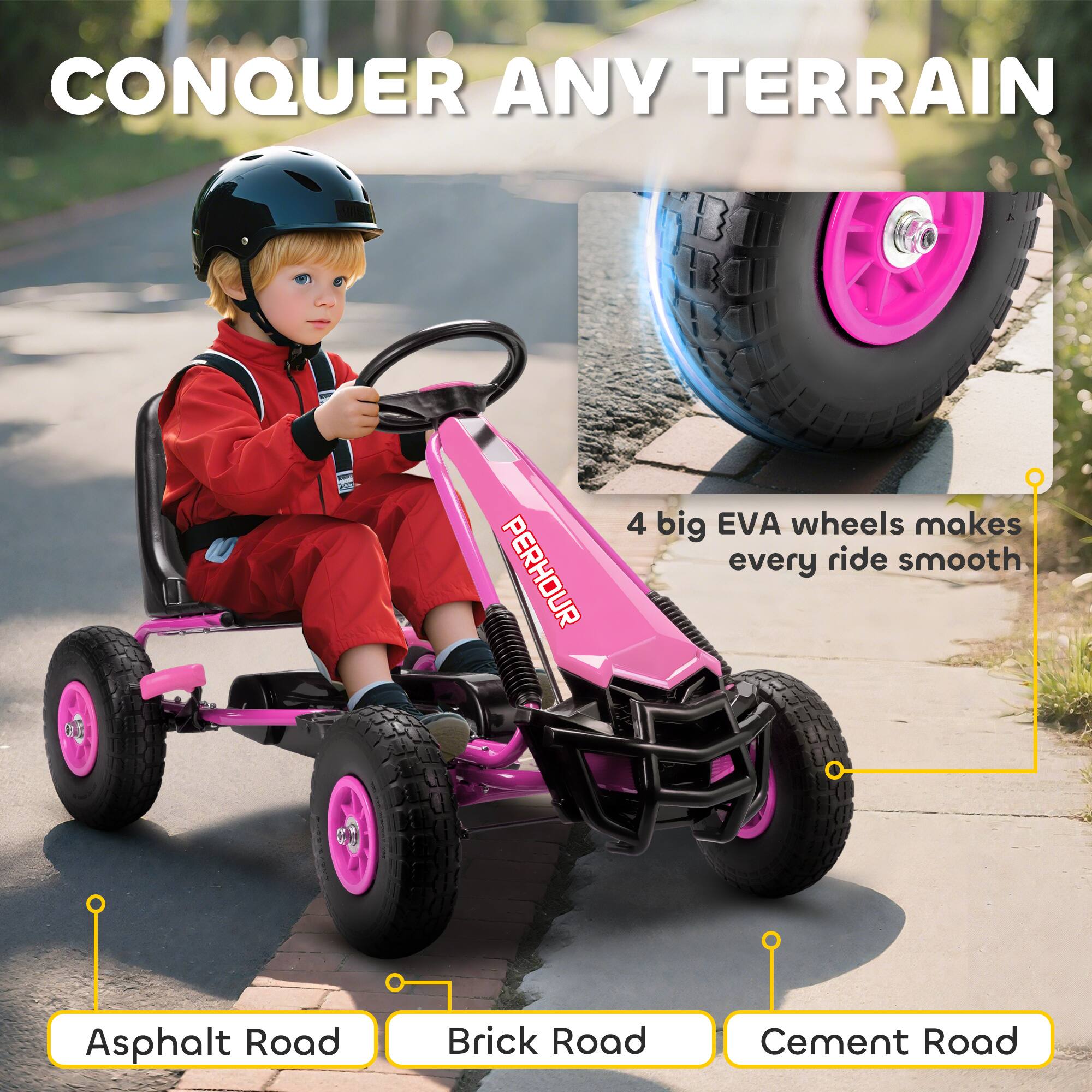 CONQUER ANY TERRAIN

4 big EVA wheels makes every ride smooth

Asphalt Road
Brick Road
Cement Road