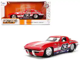 Jada - 1963 Chevrolet Corvette Stingray #63 "Chevy Racing" Stripes "Bigtime Muscle" Series 1/24 - Red with White and Blue