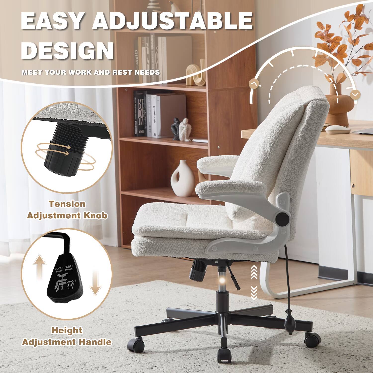 EASY ADJUSTABLE DESIGN  
MEET YOUR WORK AND REST NEEDS  

- Tension Adjustment Knob  
- Height Adjustment Handle