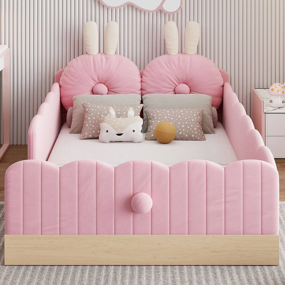 Left. Loheer - Loheer Twin Upholstered Platform Bed Pink Velvet Kids Bed - Pink.