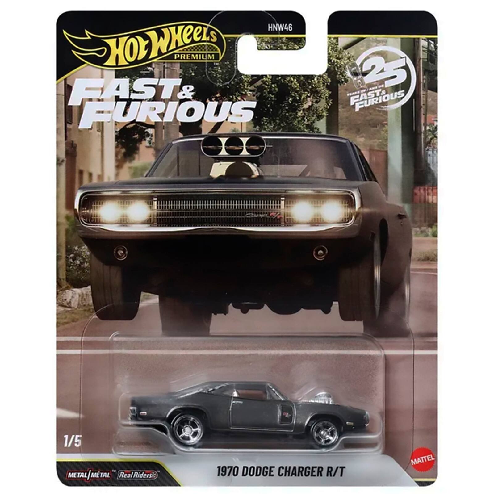 HNW46 HOT WHEELS PREMIUM FAST & FURIOUS 25th ANNIVERSARY 1/5 METAL METAL Real Riders 1970 DODGE CHARGER R/T MATTEL