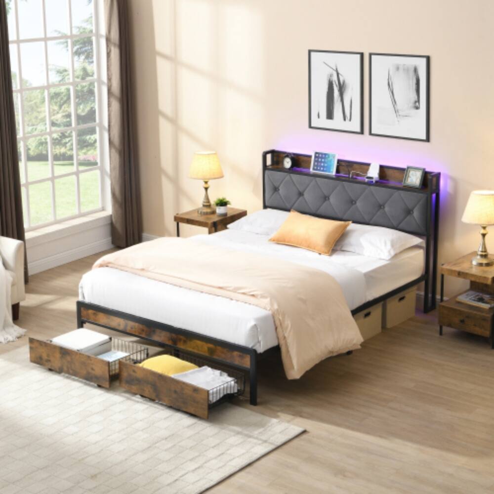 Angle. LUCKY ONE - Full Size Bed Frame with Upholstered Headboard, LED Lights, USB Charging Station, 2 Drawers, No Box Spring Needed - Brown+Gray.