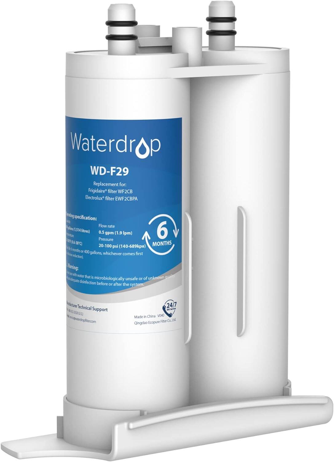 Waterdrop WD-F29  
Replacement for:  
Frigidaire filter WF2CB  
Electrolux filter EWF2CBPA  

Operating specification:  
Flow rate: 0.5 gpm (1.9 lpm)  
Pressure: 20-100 psi (140-689 kPa)  
6 MONTHS or 400 gallons, whichever comes first  

Warning:  
Do not use water that is microbiologically unsafe or of unknown disinfection before or after the system.  

Technical Support:  
24/7  
support@waterdropfilter.com  

Made in China  
V040  
Qingdao Ecopure Filter Co., Ltd.