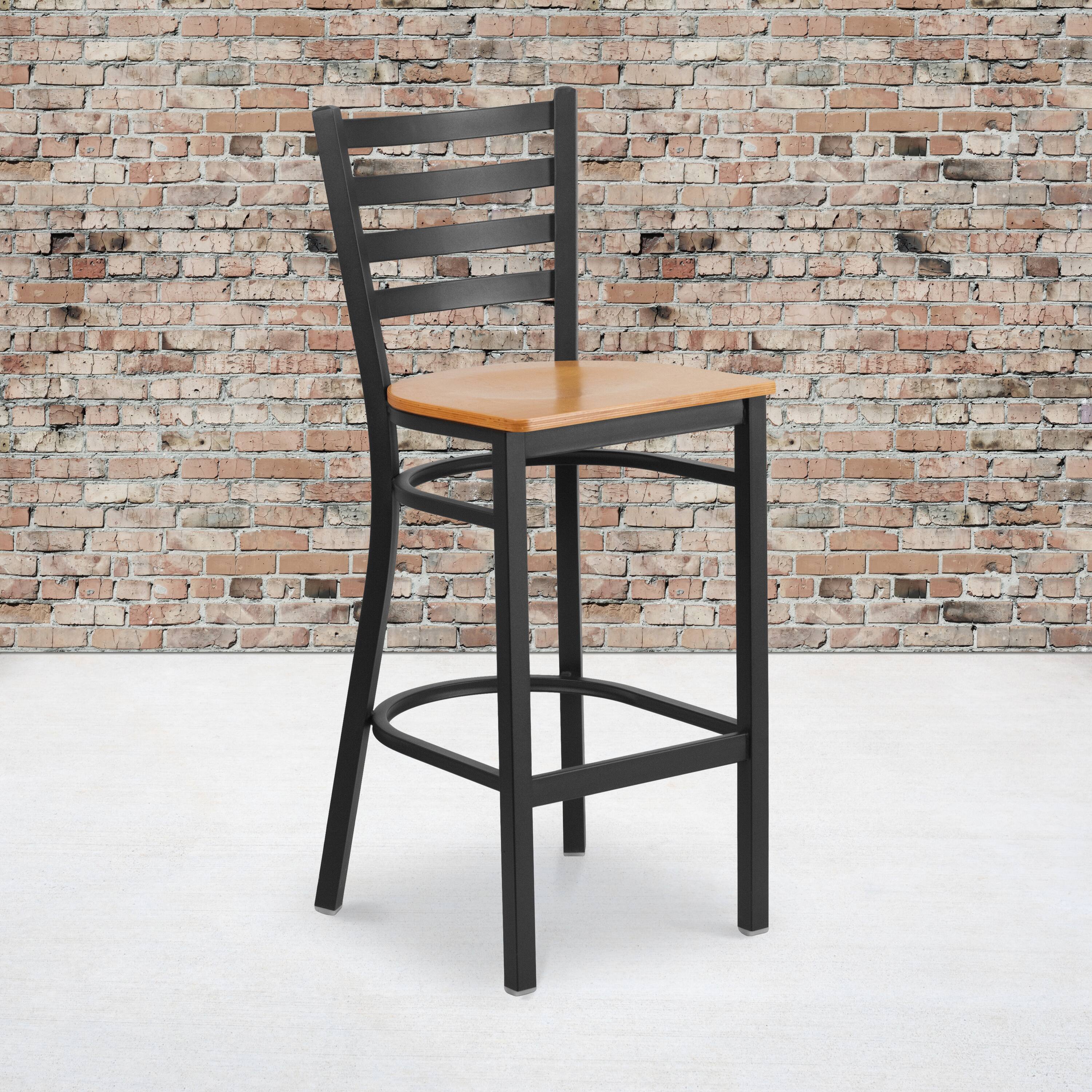 Alt View 2. Emma + Oliver - 2 Pack Ladder Back Metal Restaurant Barstool - Natural Wood Seat/Black Metal Frame.