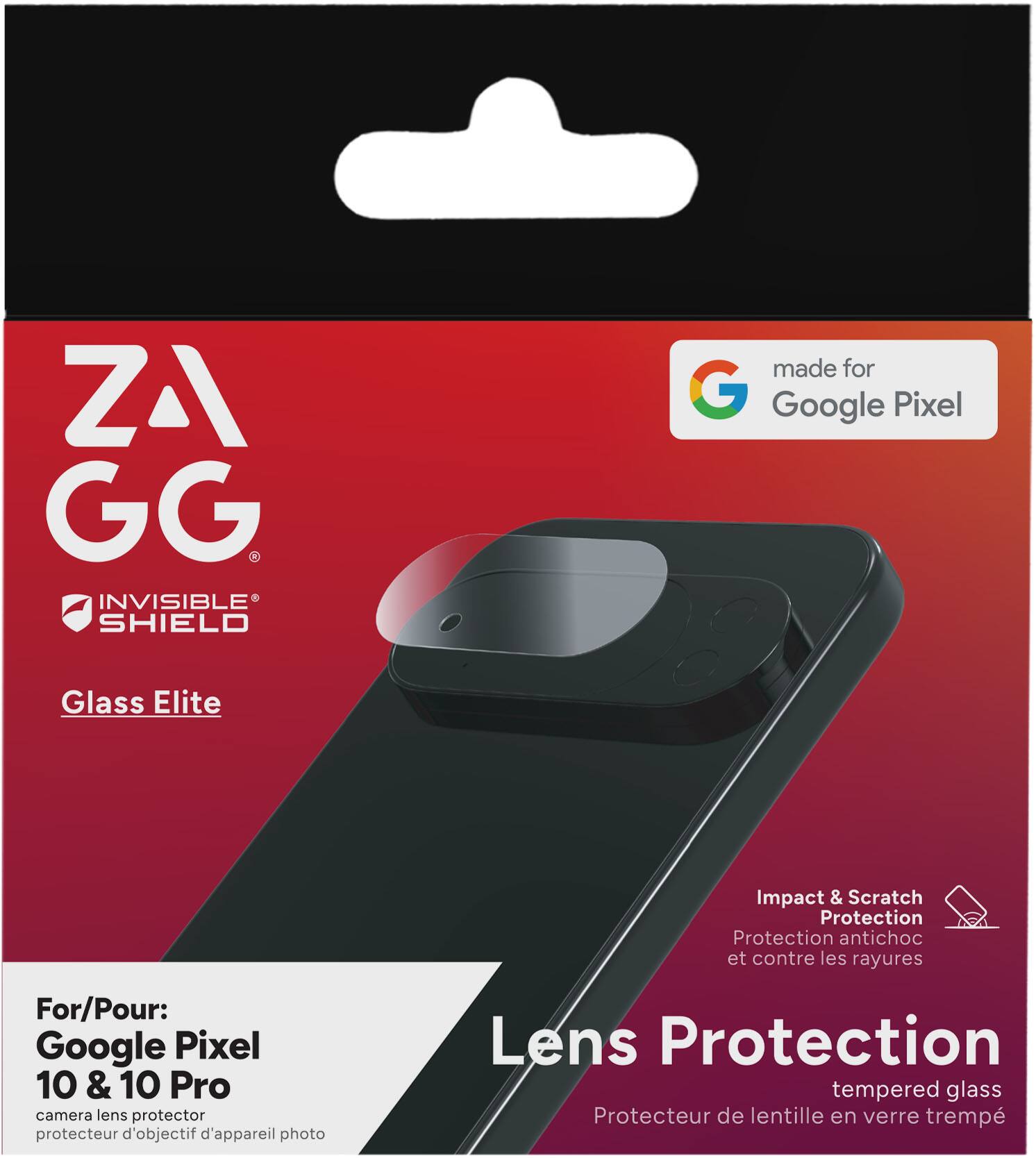 ZAGG  
INVISIBLE SHIELD  
Glass Elite  

made for Google Pixel  

For/Pour:  
Google Pixel 10 & 10 Pro  
camera lens protector  
protecteur d'objectif d'appareil photo  

Lens Protection  
tempered glass  
Protecteur de lentille en verre trempé  

Impact & Scratch Protection  
Protection antichoc et contre les rayures
