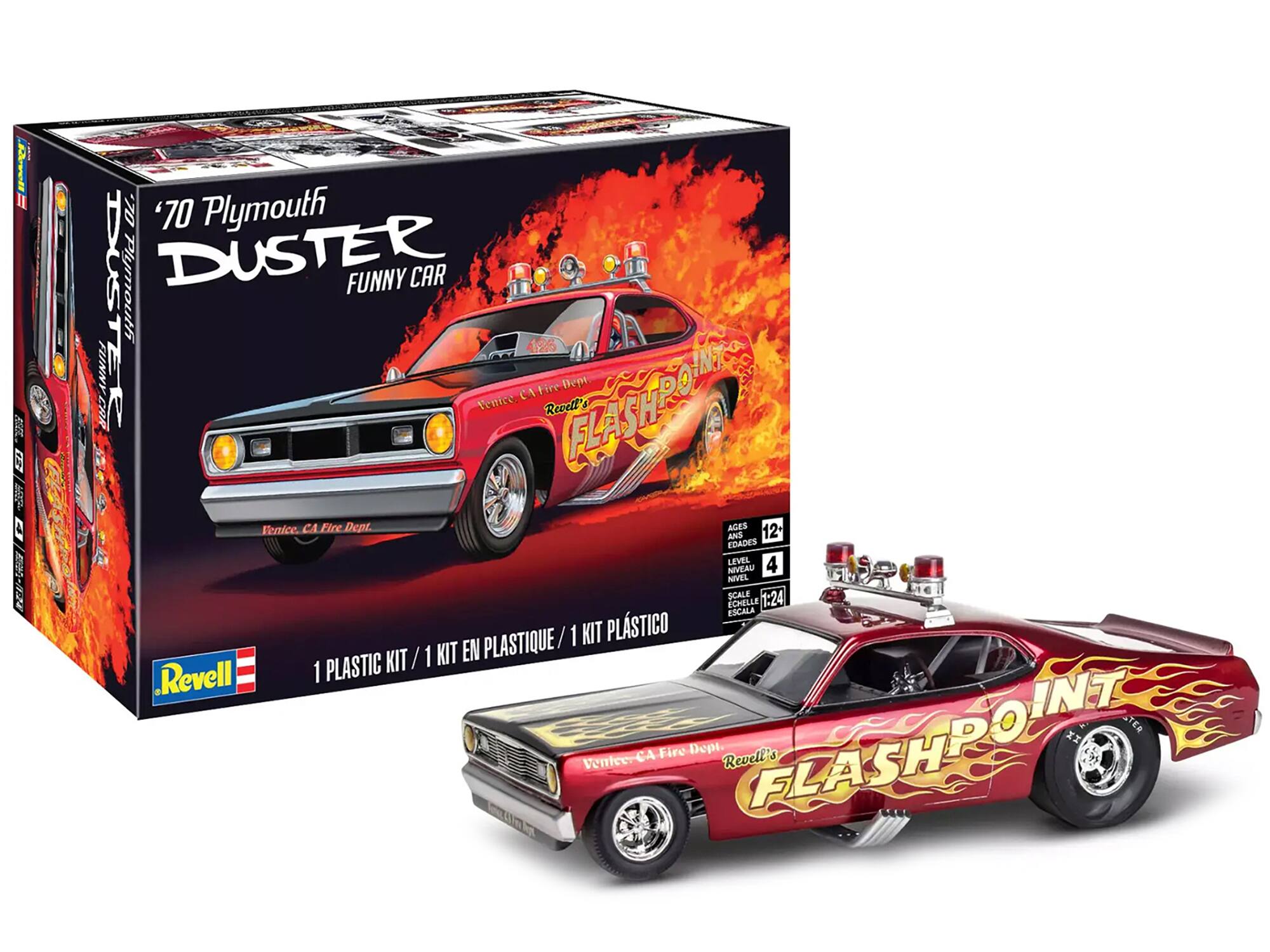 Sure, here is the corrected and grouped text from the image:

---

**Front of the Box:**

- 70 Plymouth DUSTER FUNNY CAR
- Venice, CA Fire Dept.
- Revell's FLASHPOINT
- 1 PLASTIC KIT / 1 KIT EN PLASTIQUE / 1 KIT PLASTICO
- Revell
- AGES 12+ / EDAD 12 AÑOS / NIVEAU 4 / SCALA 1:24 / ESCALA 1:24

**Side of the Box:**

- 70 Plymouth DUSTER FUNNY CAR
- Venice, CA Fire Dept.
- Revell's FLASHPOINT
- 1 PLASTIC KIT / 1 KIT EN PLASTIQUE / 1 KIT PLASTICO

**Toy Car:**

- Venice, CA Fire Dept.
- Revell's FLASHPOINT

---