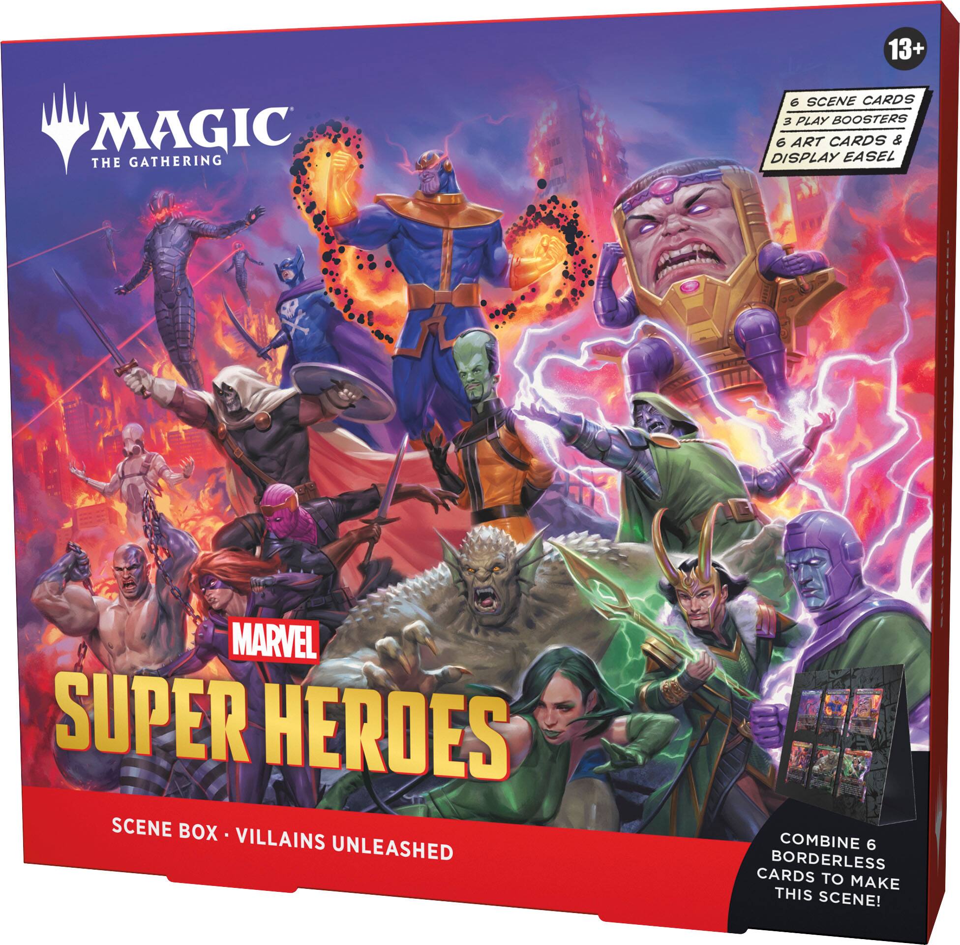 13+ MAGIC THE GATHERING 6 SCENE CARDS 3 PLAY BOOSTERS 6 ART CARDS & DISPLAY EASEL MARVEL SUPER HEROES SCENE BOX VILLAINS UNLEASHED COMBINE 6 BORDERLESS CARDS TO MAKE THIS SCENE!