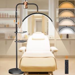 young master - Half Moon Lash Light, 24W 1500LM Dimmable LED Floor Lamp with Adjustable Height, 4 Color Modes, Phone Holder & 2 Trays - Black
