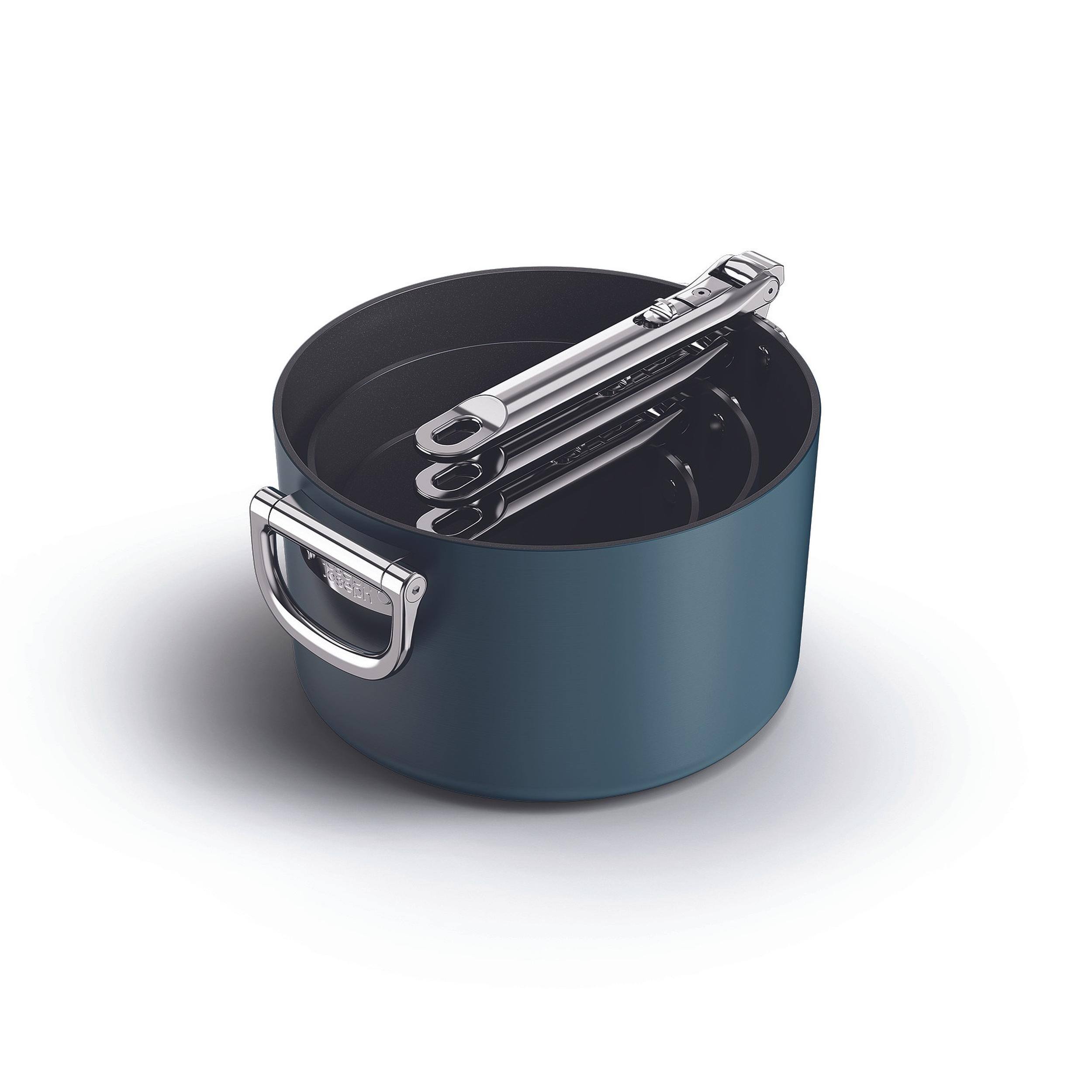 Alt View 1. Joseph Joseph - Space Ceramic Non-stick 6-piece Saucepan Set with Folding Handles - Midnight Blue.