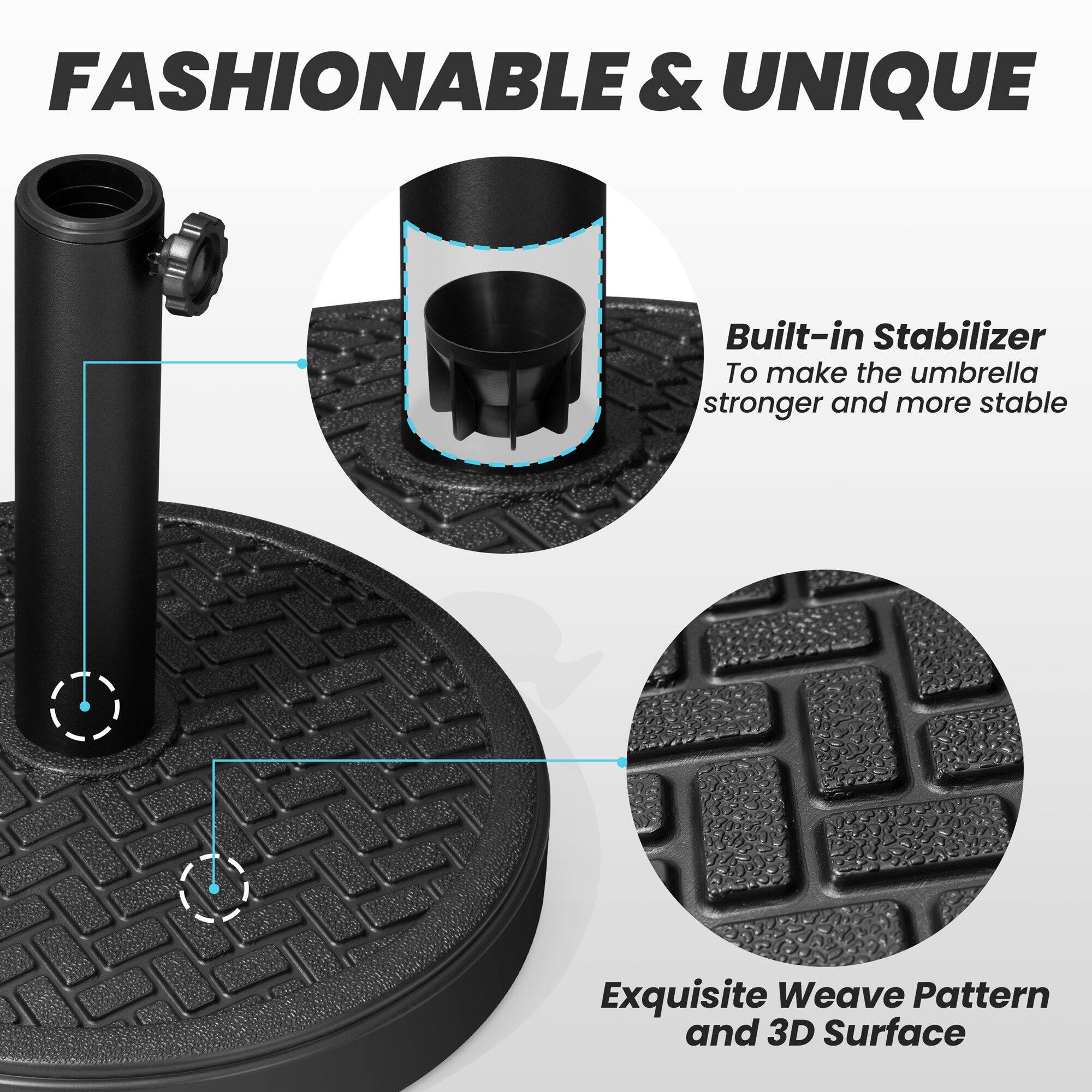 FASHIONABLE & UNIQUE

Built-in Stabilizer  
To make the umbrella stronger and more stable

Exquisite Weave Pattern and 3D Surface