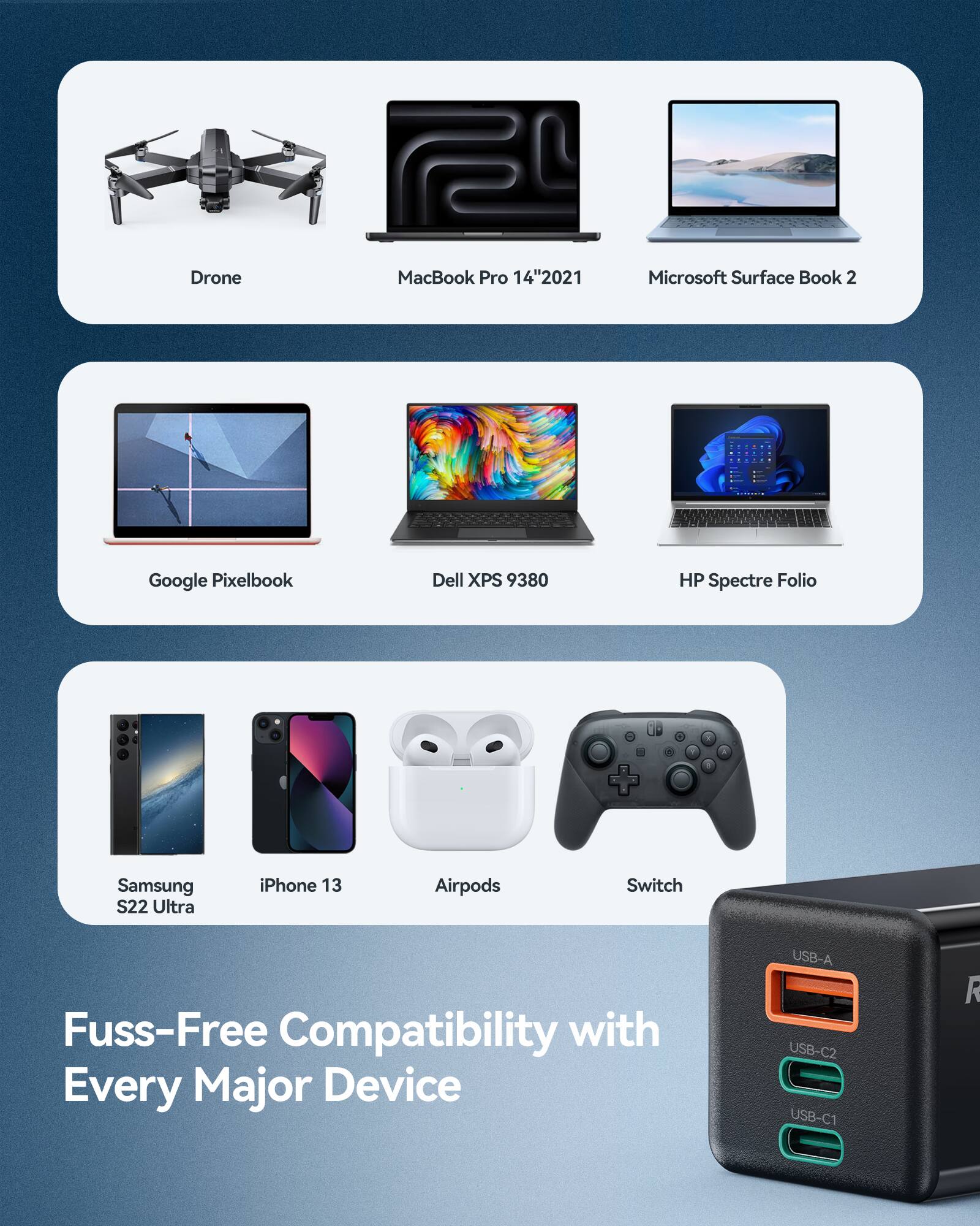 Drone  
MacBook Pro 14" 2021  
Microsoft Surface Book 2  
Google Pixelbook  
Dell XPS 9380  
HP Spectre Folio  
Samsung S22 Ultra  
iPhone 13  
Airpods  
Switch  

Fuss-Free Compatibility with Every Major Device  

USB-A  
USB-C2  
USB-C1