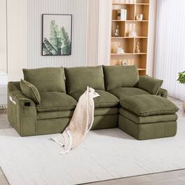 Meqiodas - L Shaped Modular Sectional Sofa Modern Corduroy Boneless Couches with Movable Footstool, With Three Pillows - Emerald