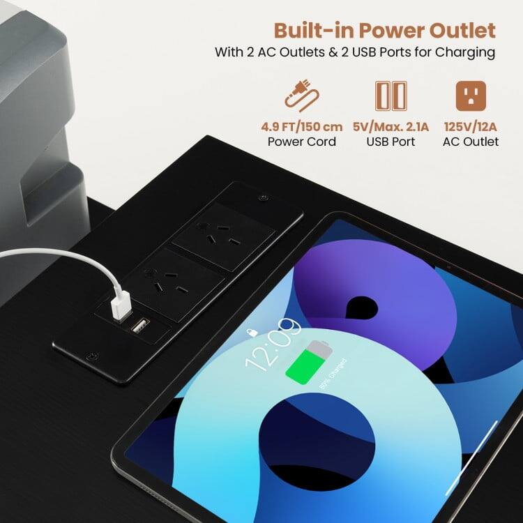 Built-in Power Outlet  
With 2 AC Outlets & 2 USB Ports for Charging  

4.9 FT/150 cm  
5V/Max. 2.1A  
125V/12A  

Power Cord  
USB Port  
AC Outlet  

12:09  
80% Charged