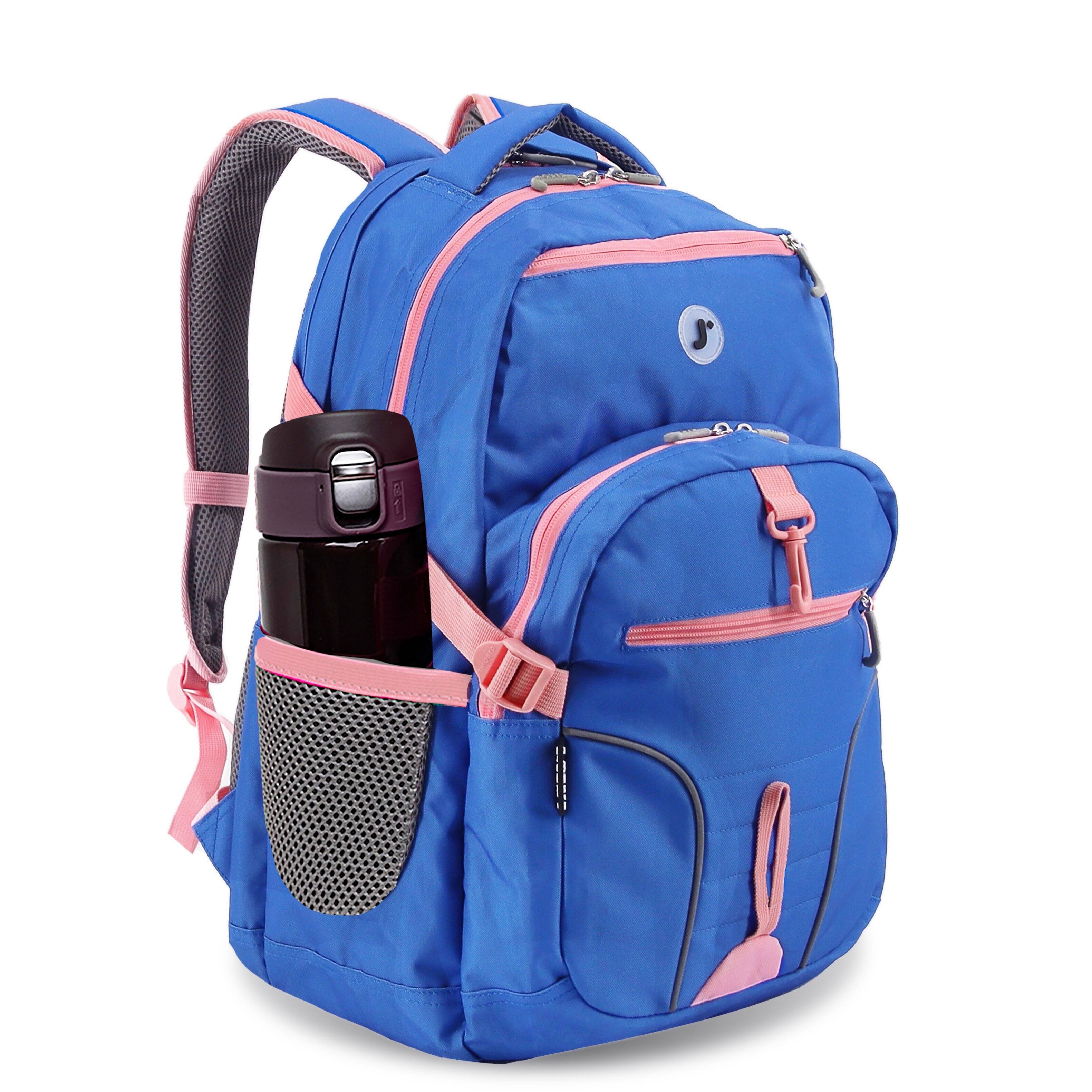 Left. J World - J World Girls Atom 18.5" Multi-Compartment Laptop Backpack for School and Travel, Navy/Pink - NAVY PINK.