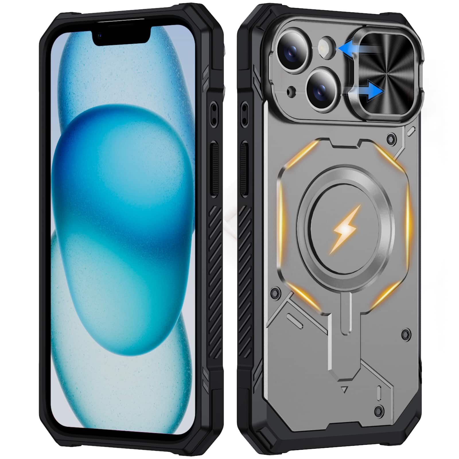 Dteck - Rugged Shockproof Magnetic Hybrid Protective Case for Apple iPhone 15 with Slide Camera Cover, Side Anti-Slip Texture - Gray price history on PriceWatchPro