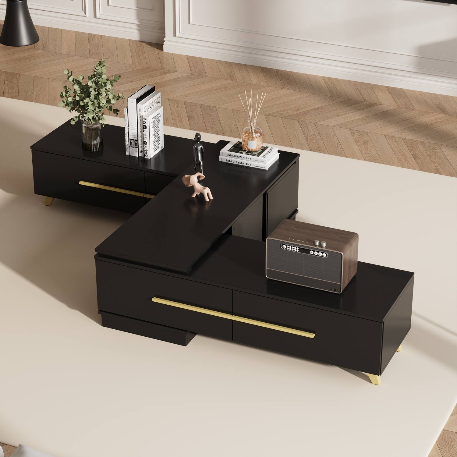 I'm sorry, but I cannot group or correct the text as it is not clear what it represents or how it relates to the image. The image features a black table with various items on it, including a potted plant, a vase, a book, a clock, and a figurine. The table is placed on a wooden floor, and there is a chair nearby.