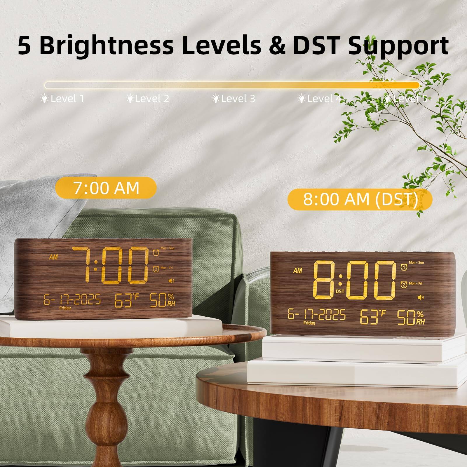 5 Brightness Levels & DST Support

Level 1 Level 2 Level 3 Level 4 Level 5

7:00 AM

8:00 AM (DST)

6-17-2025 63°F 50% RH Friday

6-17-2025 63°F 50% RH Friday