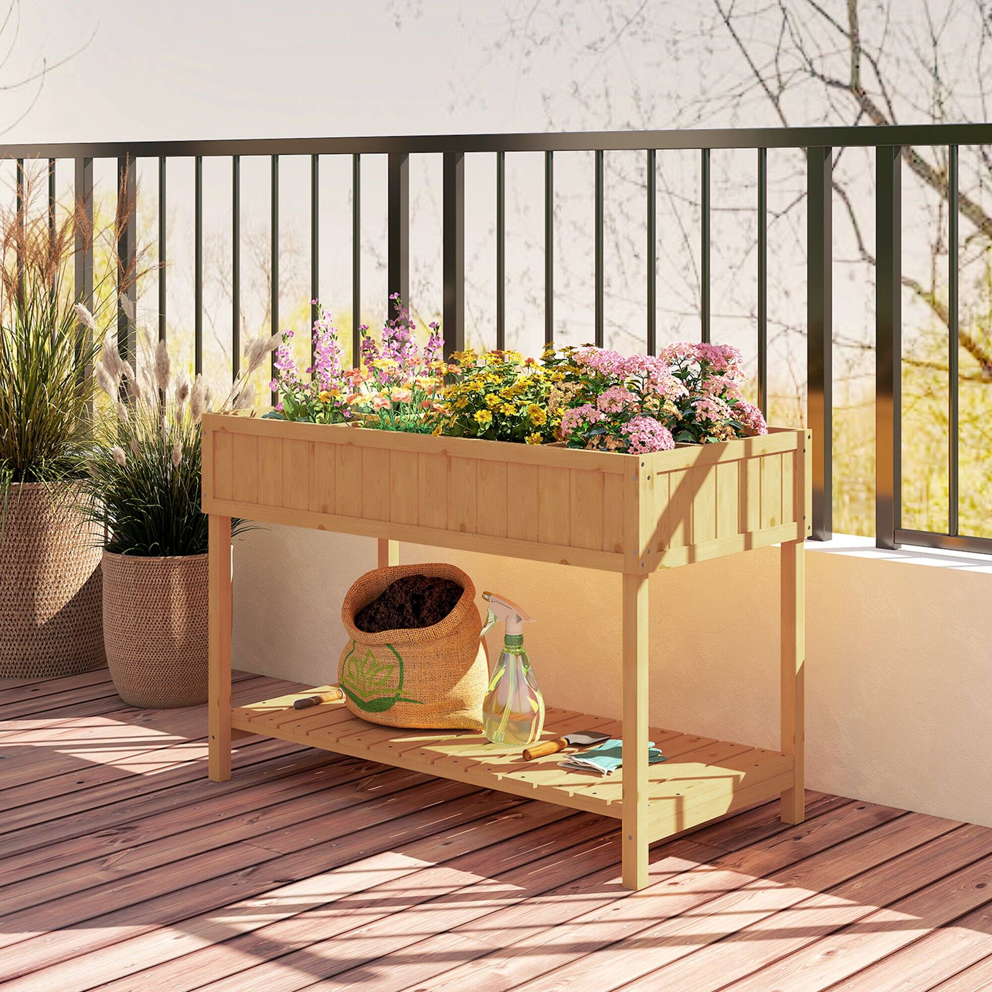 Alt View 8. Outsunny - 43x18x30in Raised Garden Bed with 8 Pockets and Shelf, Wooden Elevated Planter Box with Legs to Grow Herbs - Natural Wood.