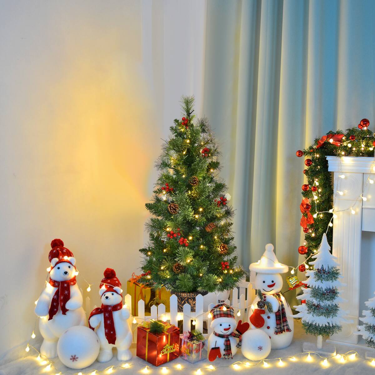 Alt View 15. Costway - 3ft Pre-Lit Christmas Entrance Tree In Urn w/ 40 LED Light Red Berries Pine Cone - Green.