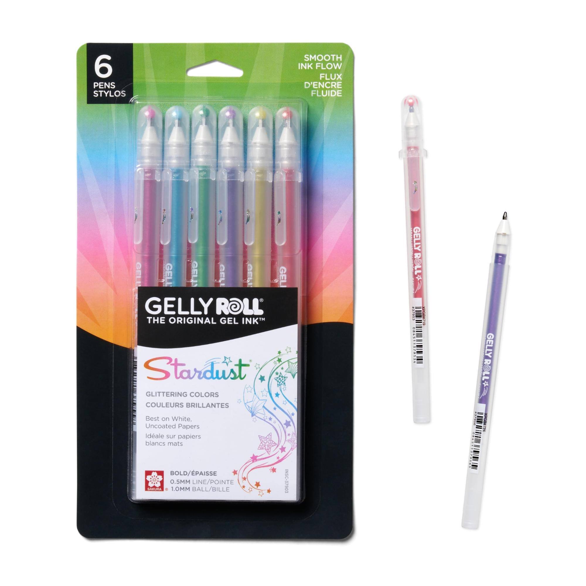 6 PENS STYLOS  
SMOOTH INK FLOW FLUX D'ENCRE FLUIDE  
GELLY ROLL THE ORIGINAL GEL INK Stardust GLITTERING COLORS COULEURS BRILLANTES Best on White, Uncoated Papers Idéale sur papiers blancs mats BOLD/PAISSE SAKURA 0.5MM 1.0MM BALL/BILLE LINE/POINTE INSC-37903