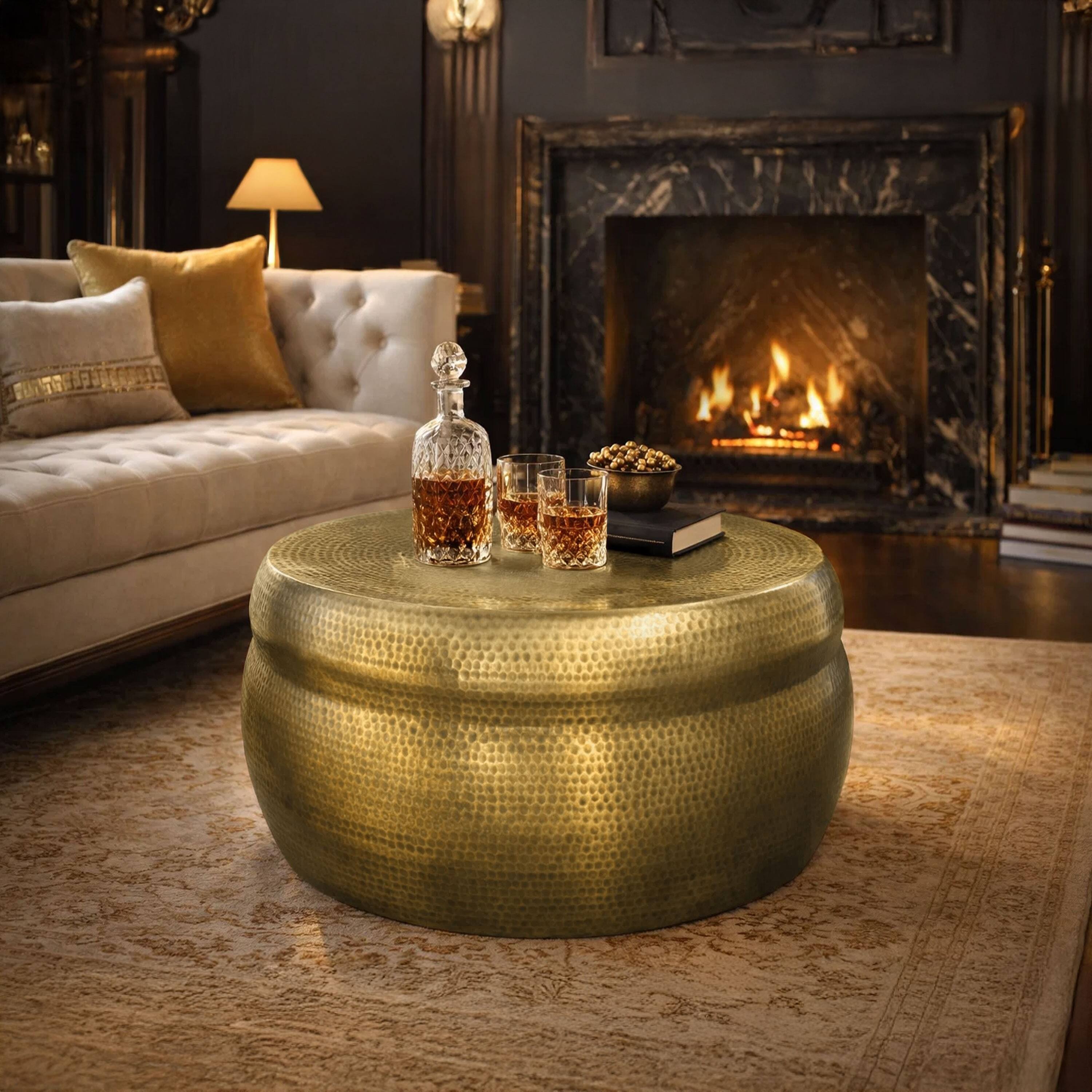 Alt View 5. Manhattan Lane - 32 Inch Artisanal Round Drum Coffee Table, Hammered Embossed Texturing, Aluminum - Brass.
