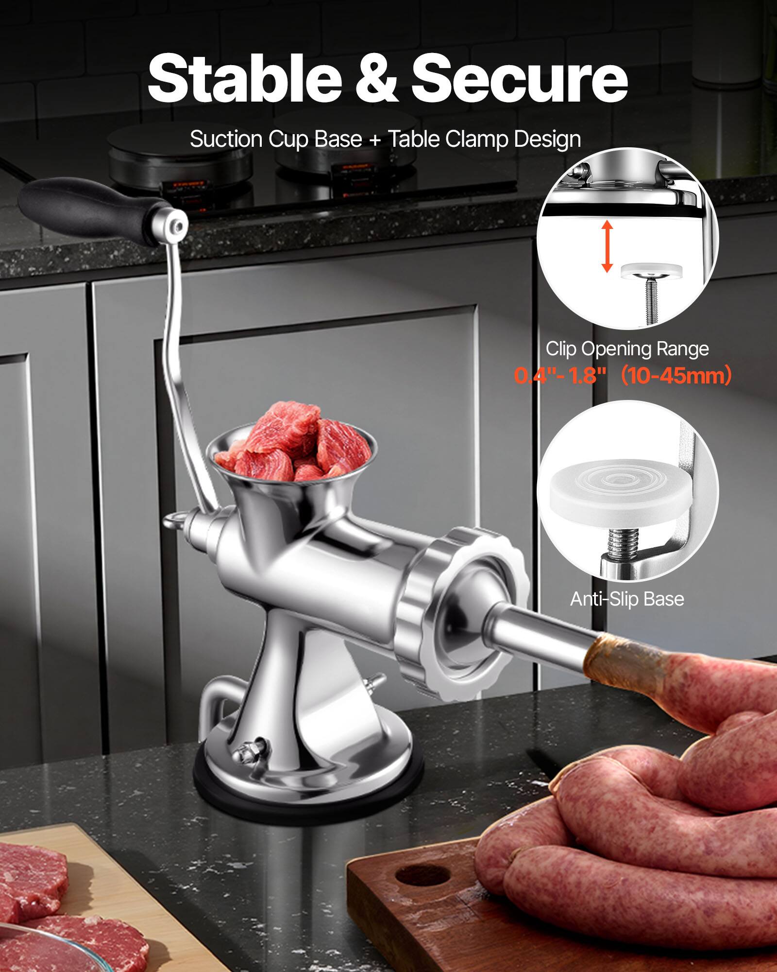 Stable & Secure  
Suction Cup Base + Table Clamp Design  

Clip Opening Range  
0.4" - 1.8" (10-45mm)  

Anti-Slip Base