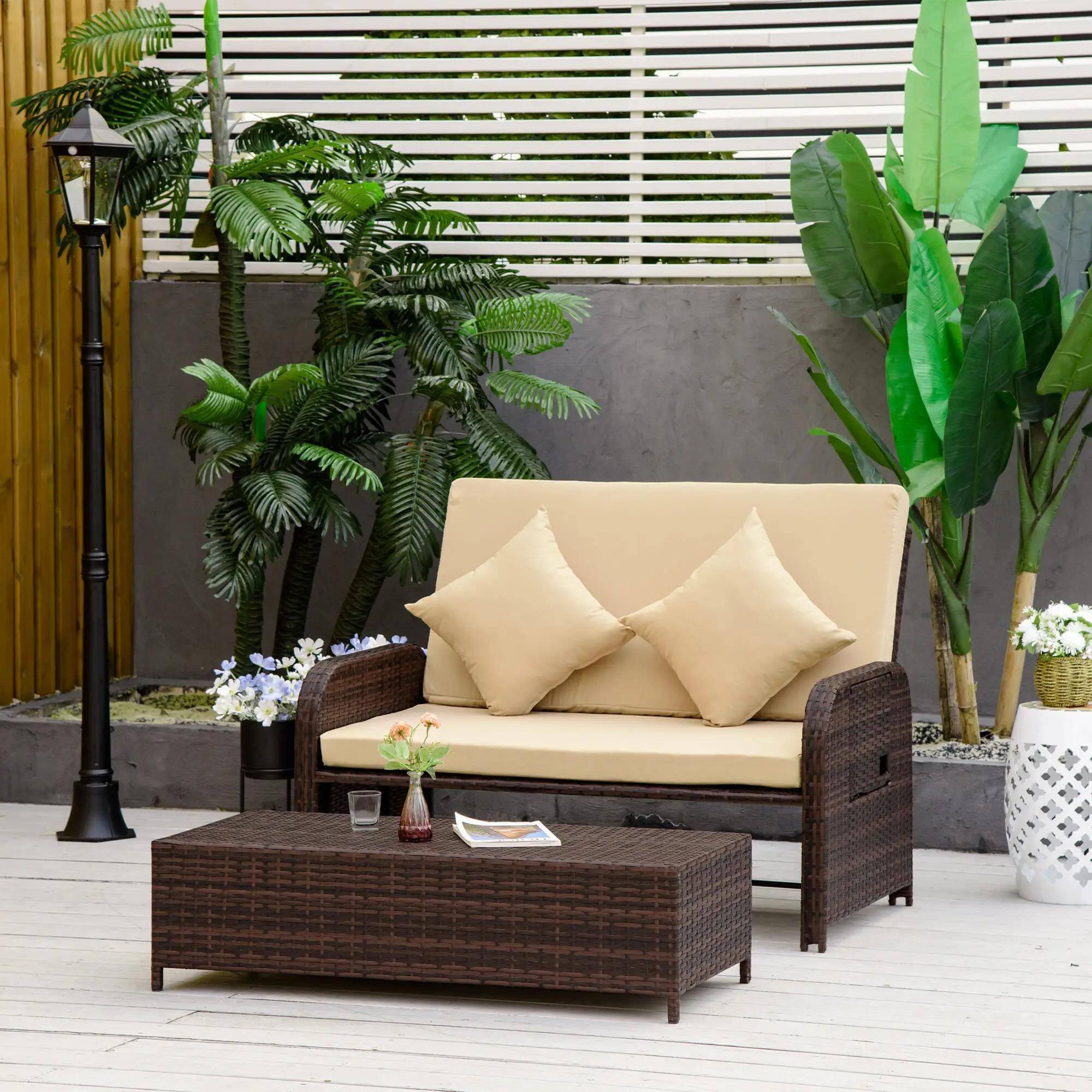 Left. Resenkos - Resenkos Outdoor Loveseat Sofa Set, PE Rattan, Beige - Beige.