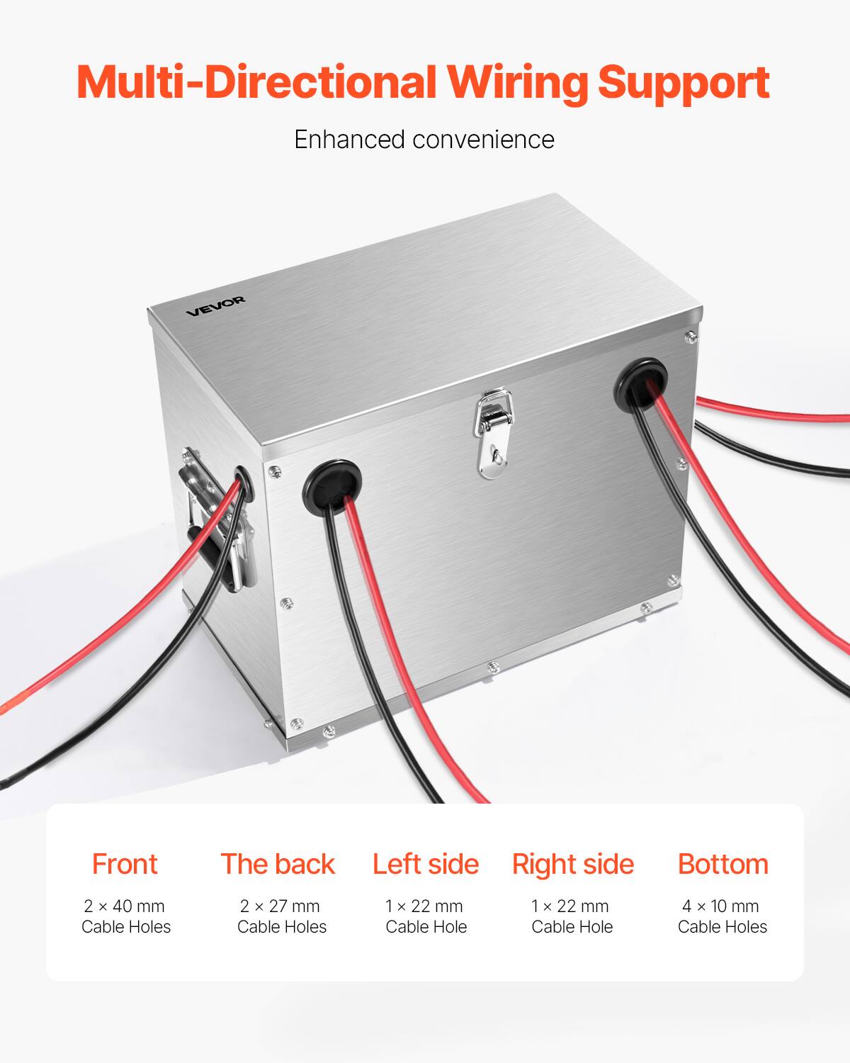 Multi-Directional Wiring Support  
Enhanced convenience  

Front: 2 x 40 mm Cable Holes  
The back: 2 x 27 mm Cable Holes  
Left side: 1 x 22 mm Cable Hole  
Right side: 1 x 22 mm Cable Hole  
Bottom: 4 x 10 mm Cable Holes