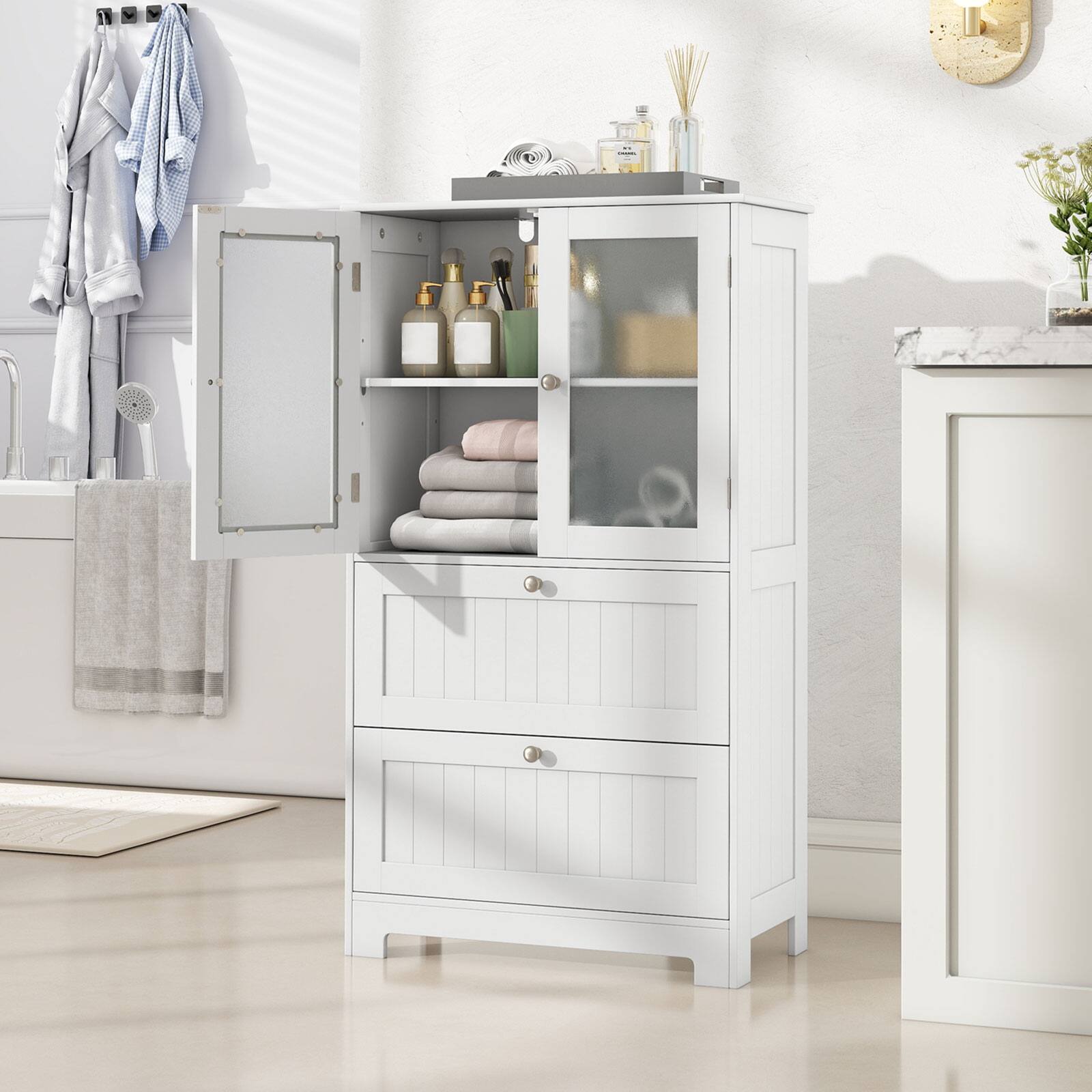 Alt View 4. Gymax - Gymax Bathroom Floor Storage Cabinet Freestanding Cupboard Pantry w/ 2 Drawers - White.