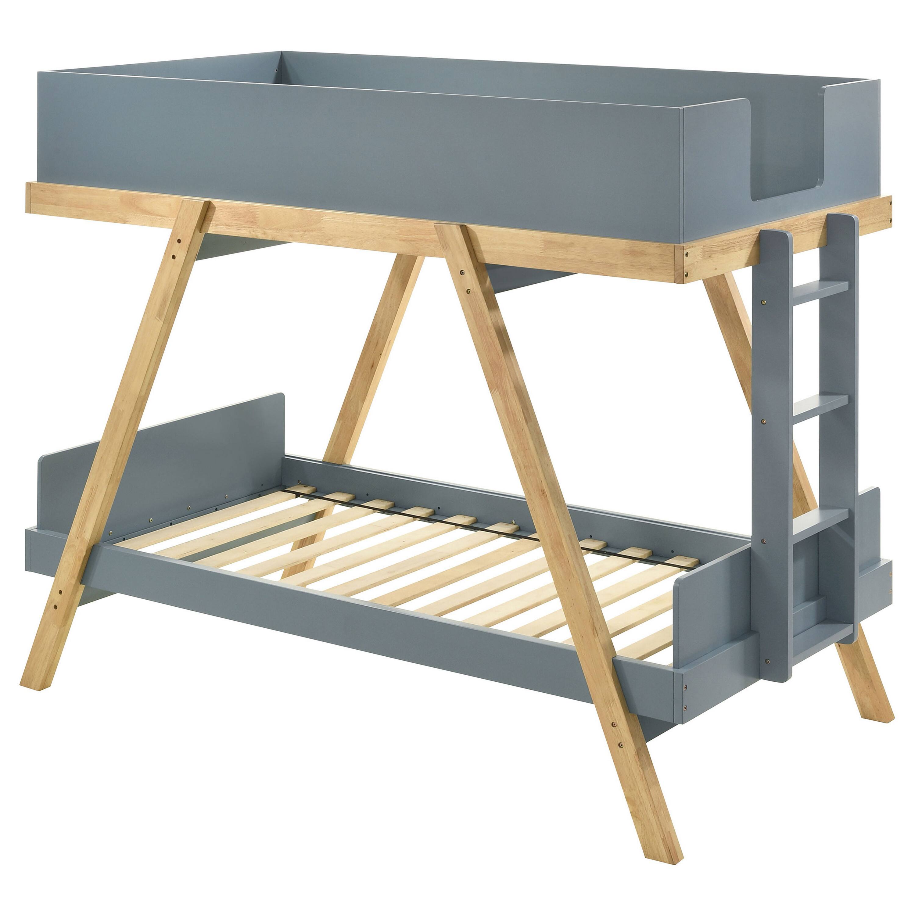 Alt View 2. Manhattan Lane - Anky Twin Size Bunk Bed, Brown Wood Frame, 3 Side Panel Security - Blue, Brown.