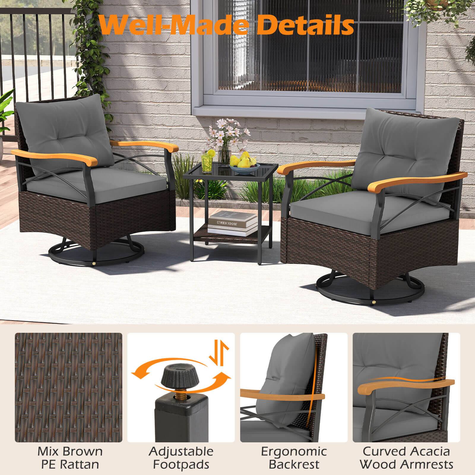 Well-Made Details

- Mix Brown PE Rattan
- Adjustable Footpads
- Ergonomic Backrest
- Curved Acacia Wood Armrests