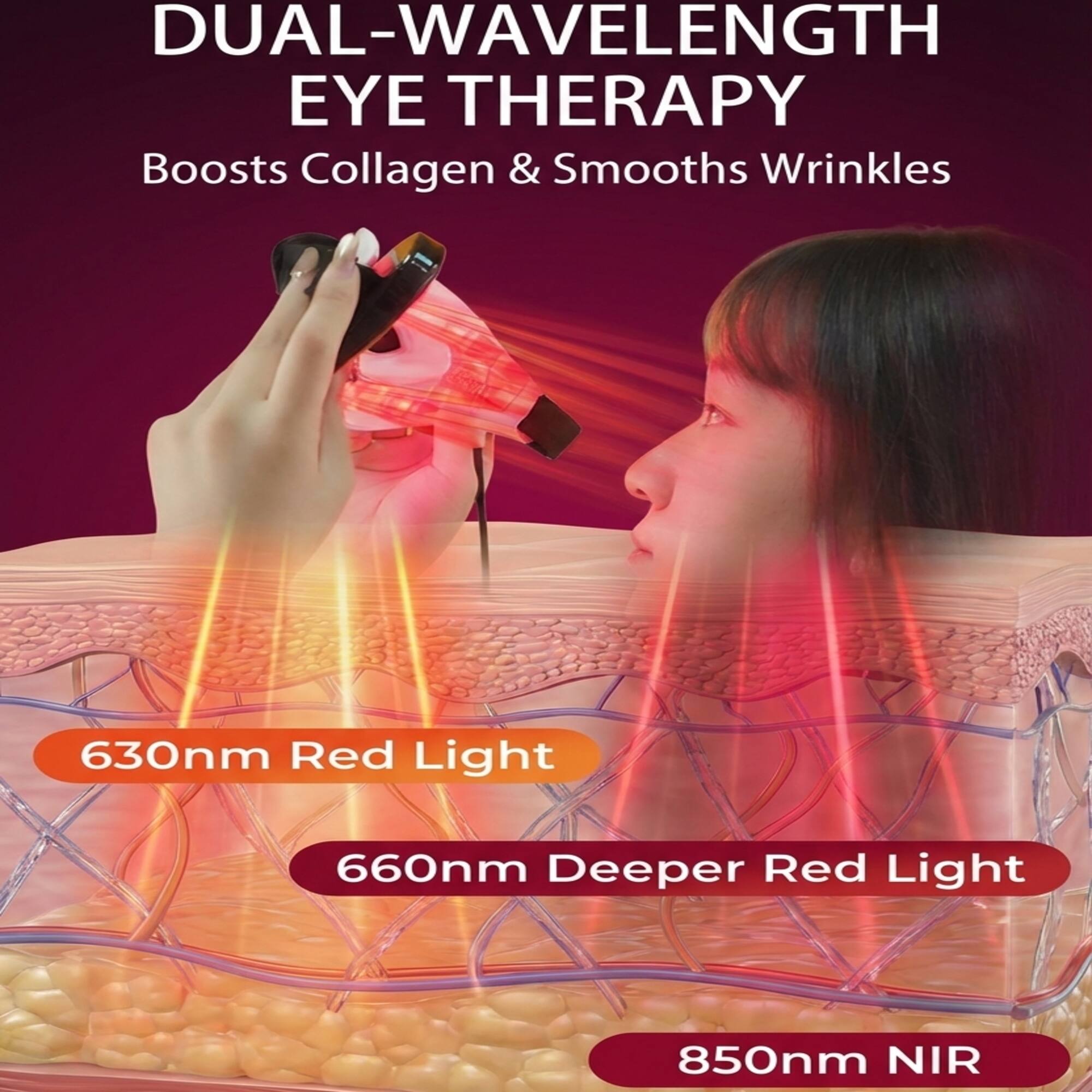 DUAL-WAVELENGTH EYE THERAPY  
Boosts Collagen & Smooths Wrinkles  

630nm Red Light  
660nm Deeper Red Light  
850nm NIR