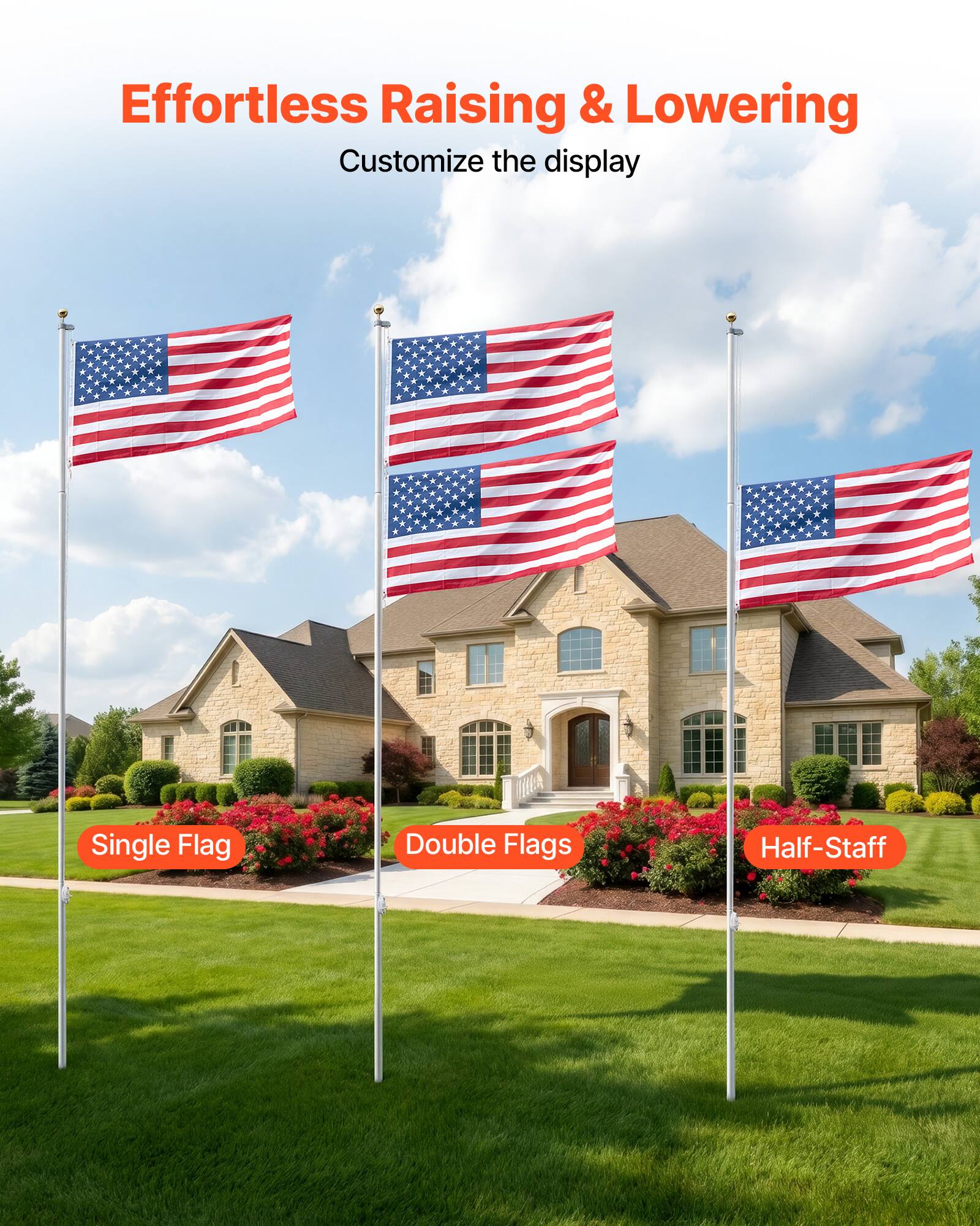 Effortless Raising & Lowering  
Customize the display  

Single Flag  
Double Flags  
Half-Staff