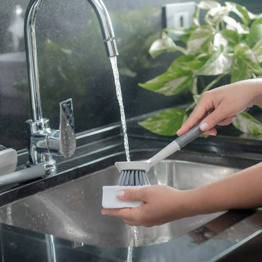 Back. OU - OU Cleaning Scrub Brush, Heavy Duty Cleaning Scrubber Brush for Bathroom & Kitchen, Built-In Scraper.