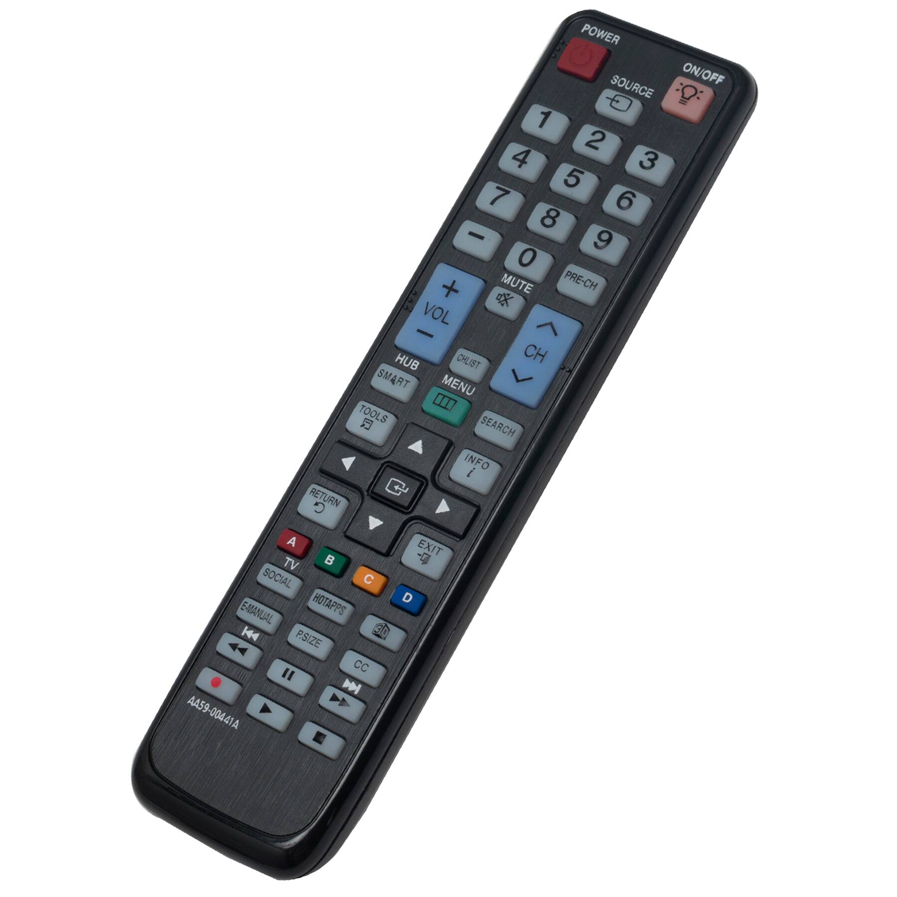 POWER SOURCE ON/OFF:  
1 2 3 4 5 6 7 8 9 0 + MUTE PRE-CH VOL CHLIST CH SMART MENU TOOLS SEARCH INFO RETURN EXIT TV SOCIAL HOTAPPS E-MANUAL 3D P.SIZE CC  
A B C D  
HUB  
AA59-00441A